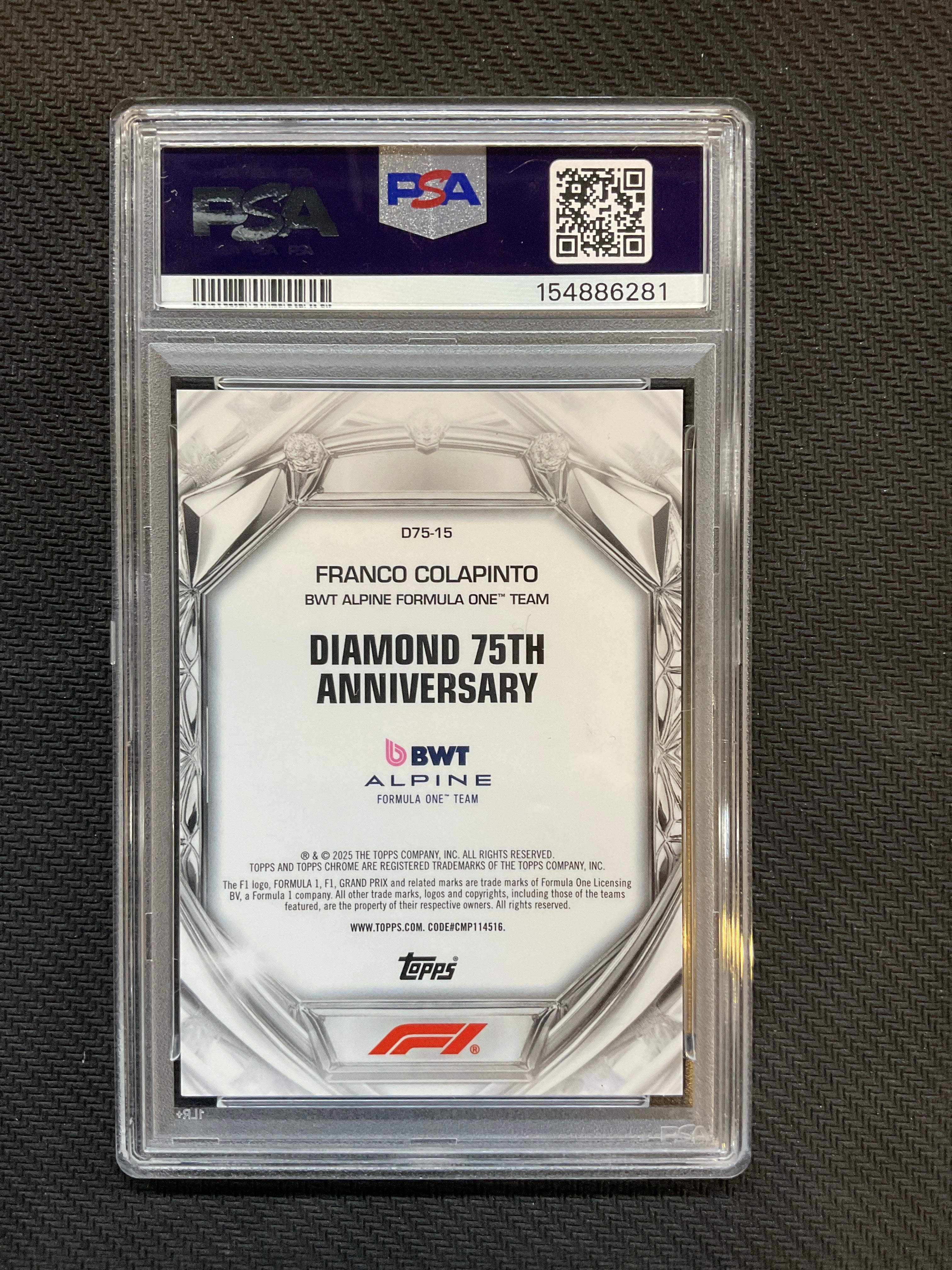 2025 Topps Chrome Franco Colapinto Diamond 75th Anniversary Green Mini Diamond /99 PSA 9