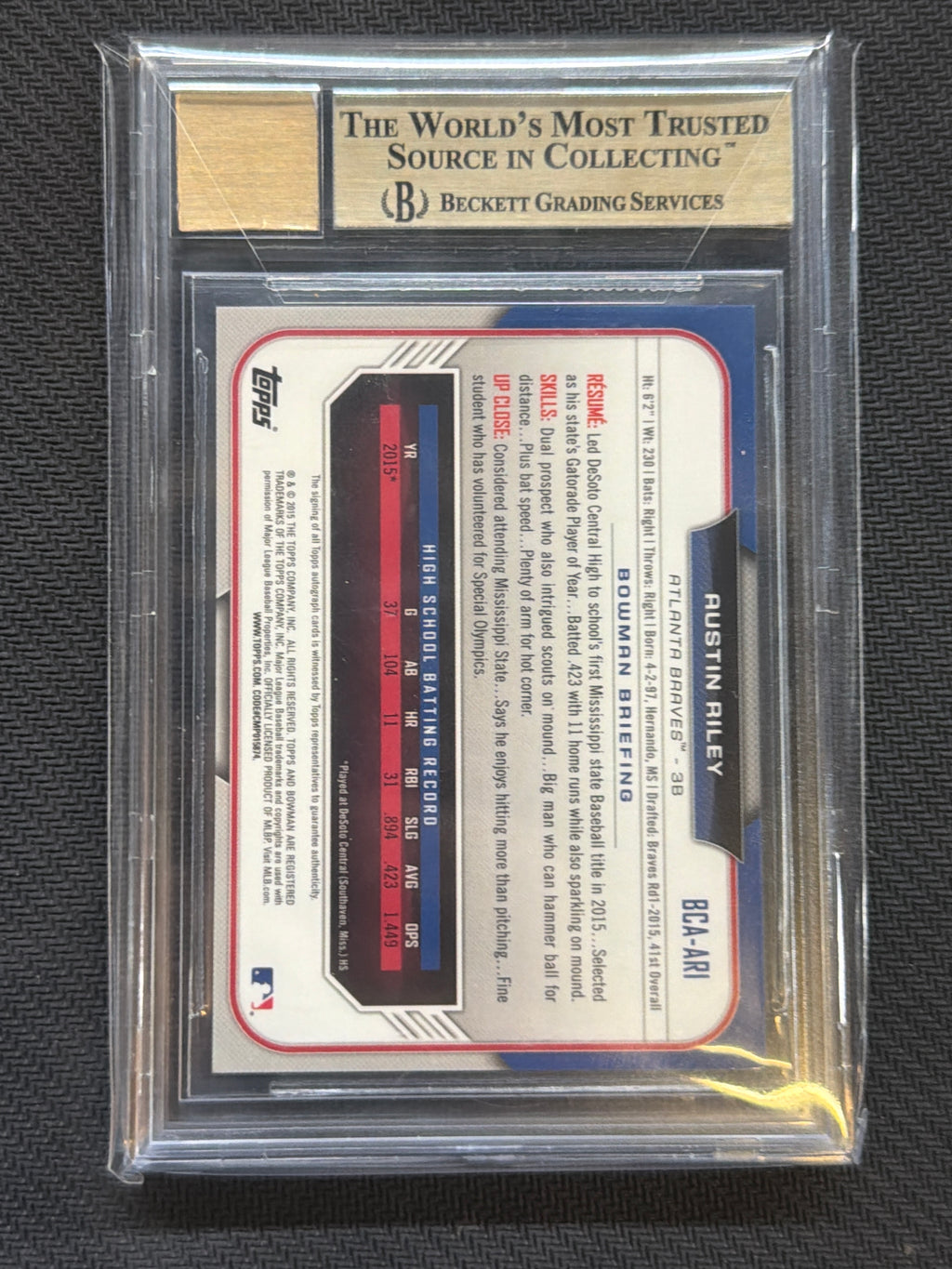 2015 Bowman Chrome Draft Austin Riley 1st Auto BGS 9.5 Auto 10 Braves