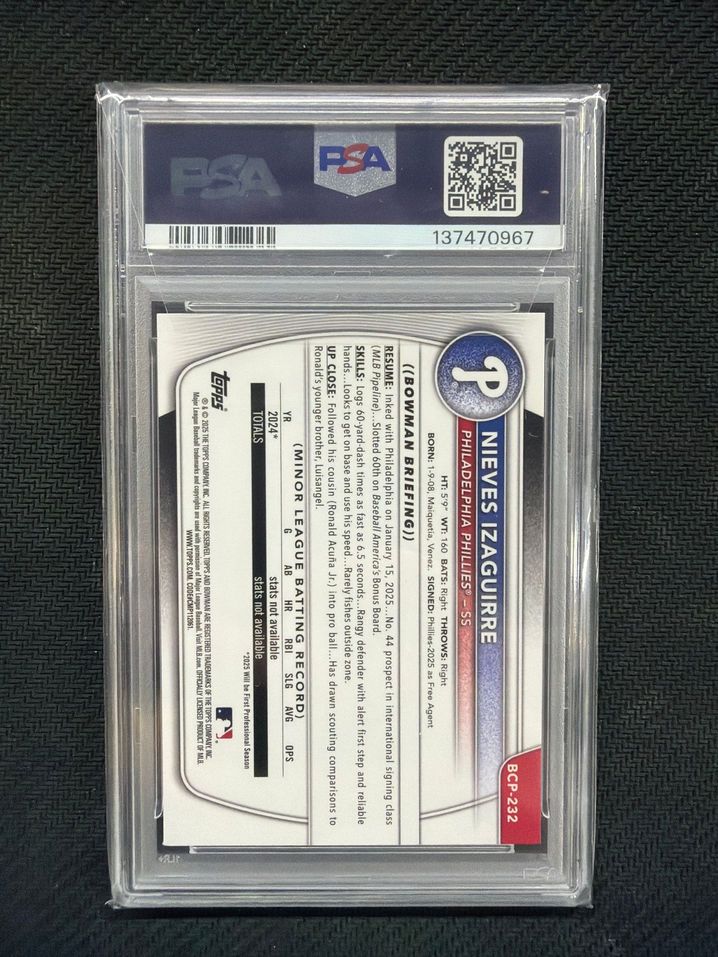 2025 Bowman Chrome Nieves Izaguirre Blue Wave /150 PSA 10