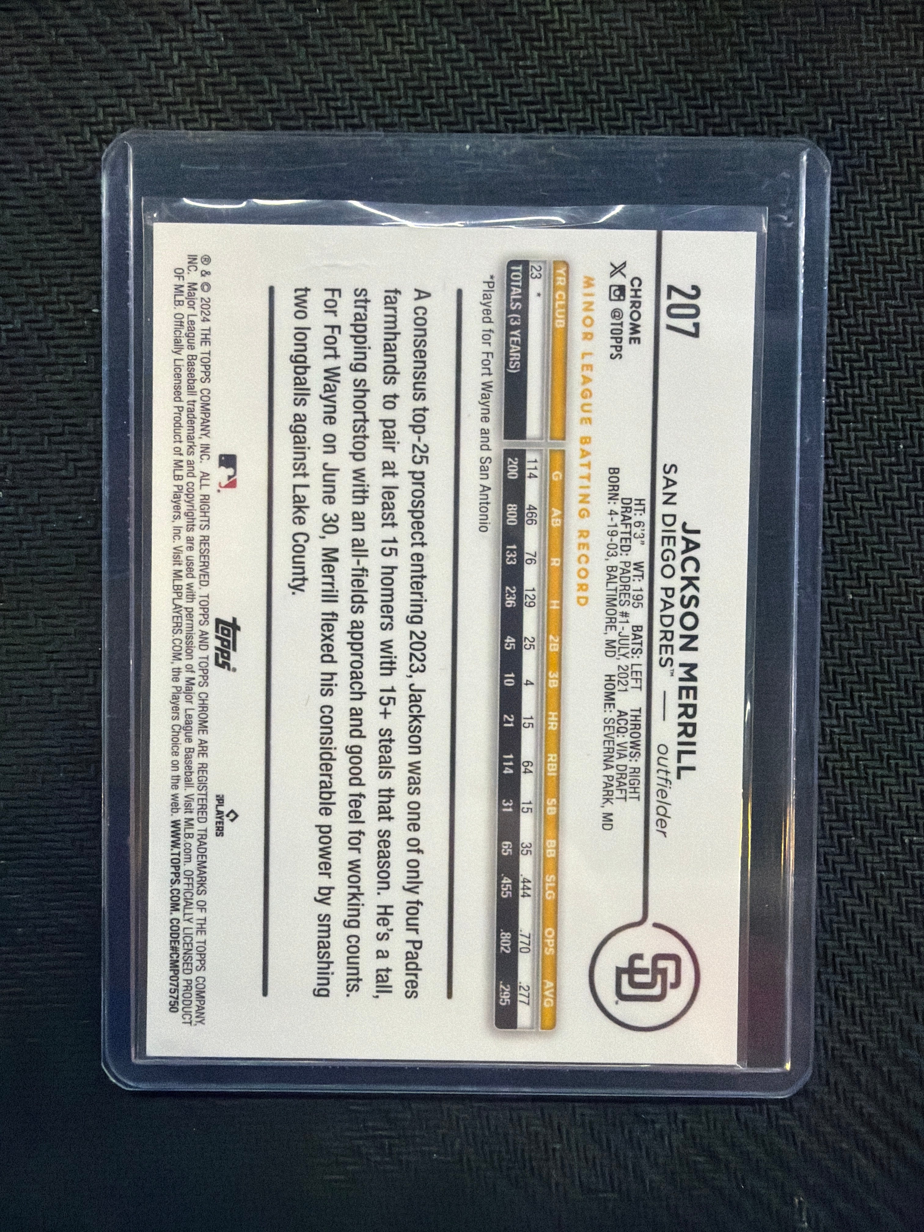 2024 Topps Chrome Jackson Merrill Image Variation Gold Speckle /50 Rookie Padres