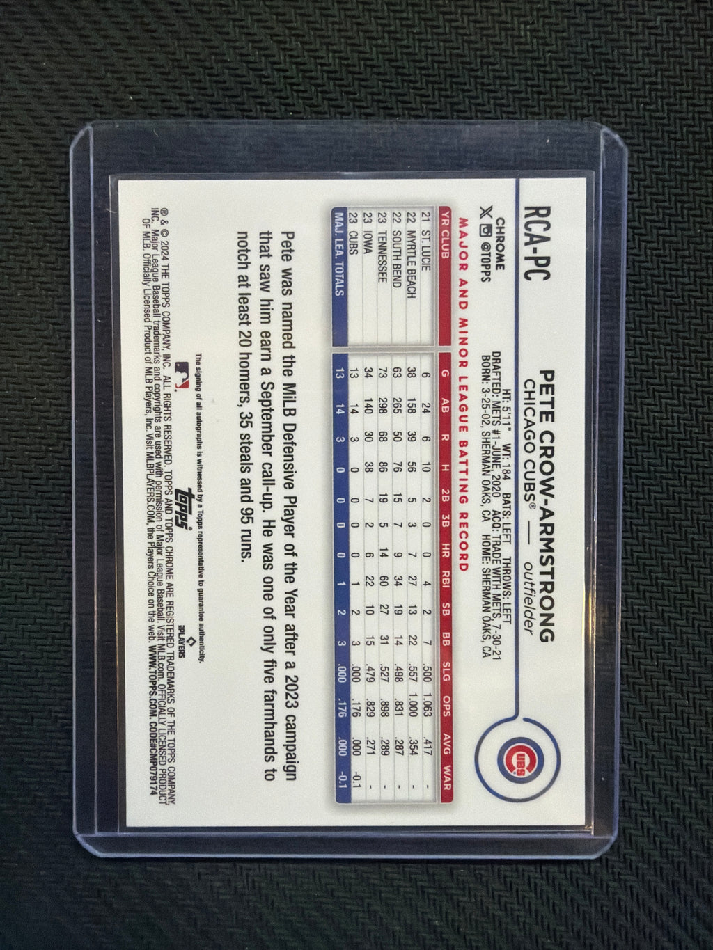 2024 Topps Chrome LogoFractor Pete Crow Armstrong Rookie Auto /150