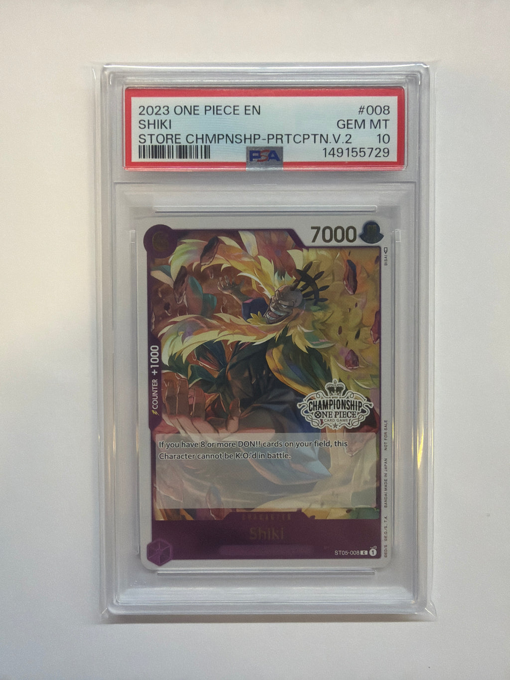 2023 ONE PIECE PROMOS STORE CHAMPIONSHIP-PARTICIPATION VOL.2 #008 SHIKI PSA 10