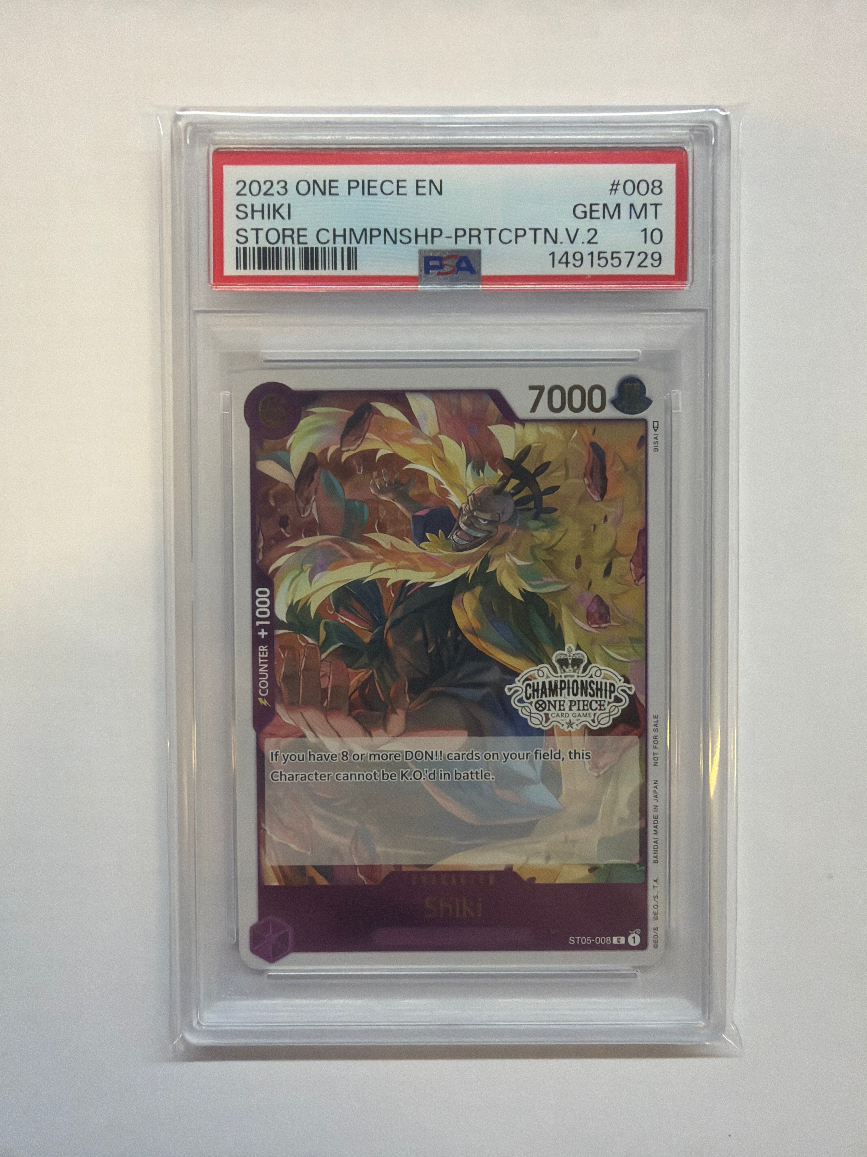 2023 ONE PIECE PROMOS STORE CHAMPIONSHIP-PARTICIPATION VOL.2 #008 SHIKI PSA 10