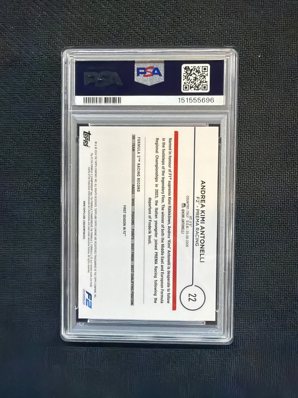 2024 Topps Chrome F1 Andrea Kimi Antonelli Purple Checker Flag /199 Rookie PSA 9