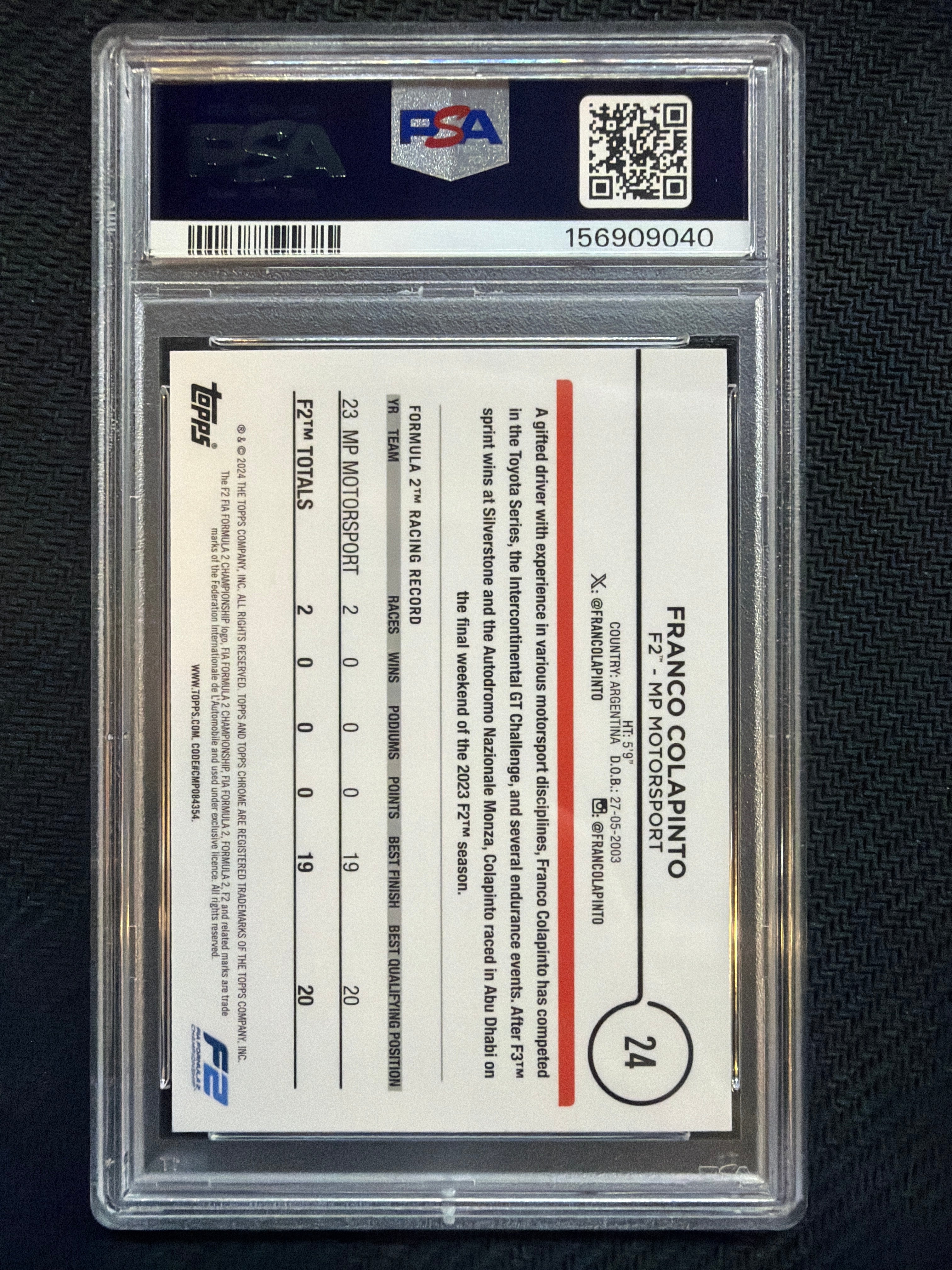 2024 Topps Chrome Franco Colapinto Green Refractor /99 #24 PSA 10