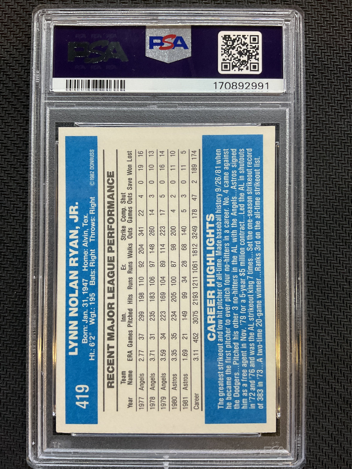 1992 Donruss #419 Nolan Ryan PSA 9