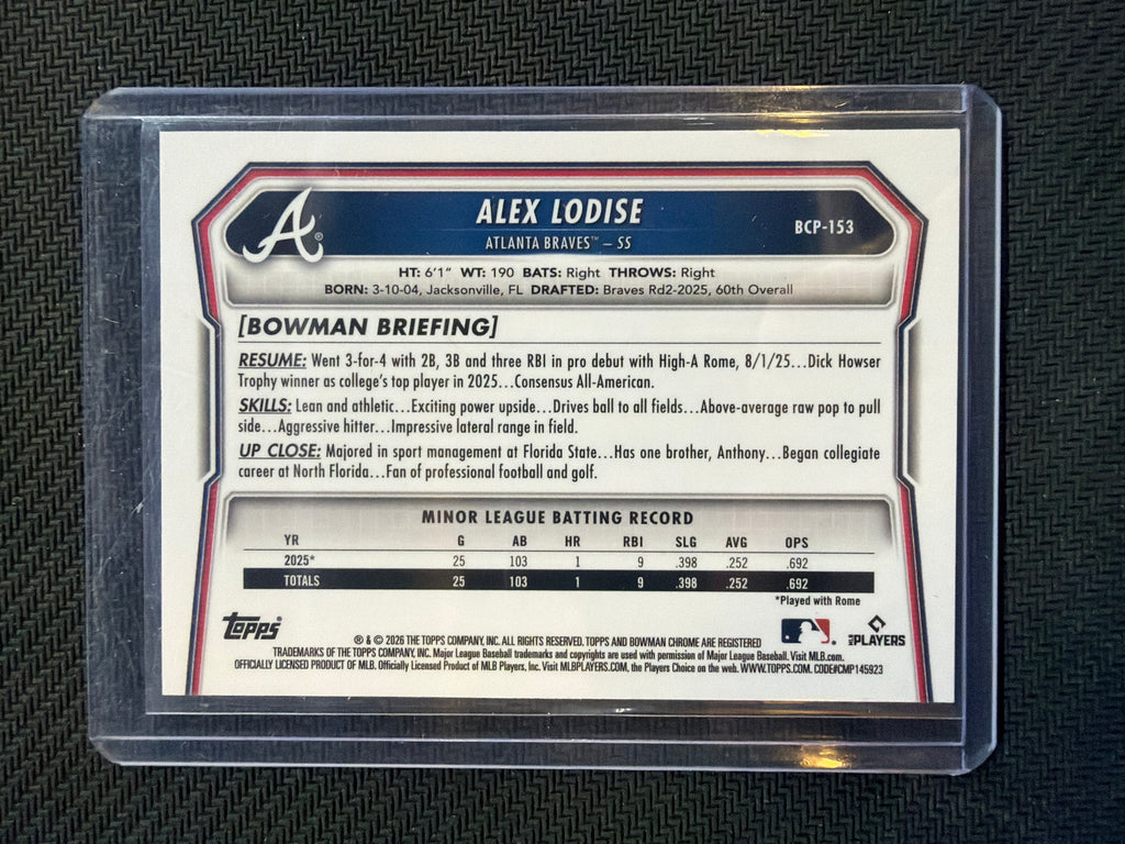2026 Bowman Chrome Alex Lodise Purple Shimmer /250 1st Braves
