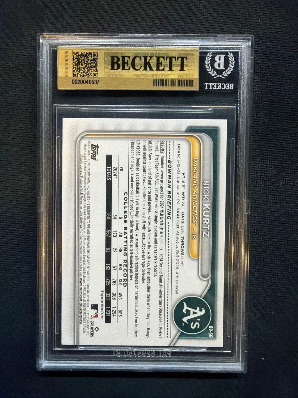 2024 Bowman Draft Nick Kurtz 1st Bowman BGS 10 A's