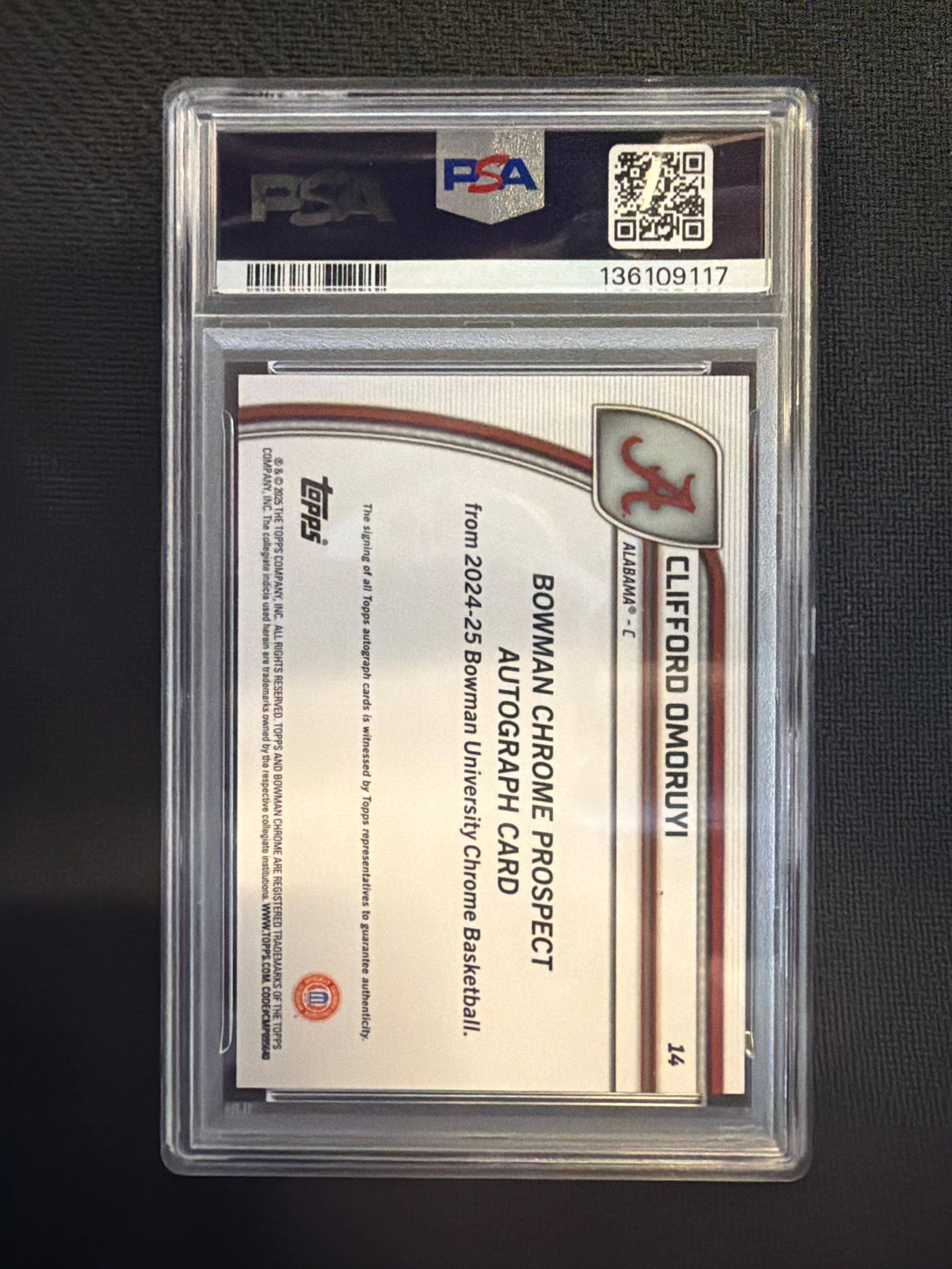2024 Bowman U Chrome Clifford Omoruyi Auto Red Wave /45 PSA 10 Alabama
