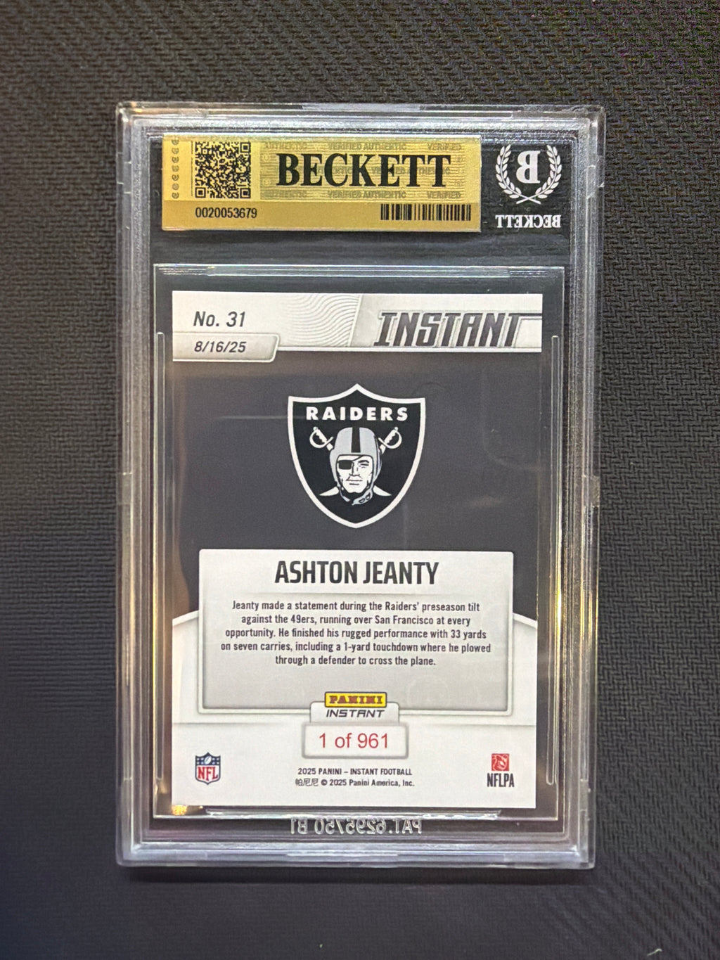 2025 Panini Instant Ashton Jeanty Rookie BGS 9.5 Raiders