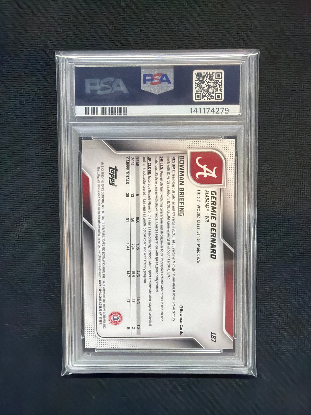 2025 Bowman U Chrome Germie Bernard Purplem Shimmer /75 PSA 9 Alabama