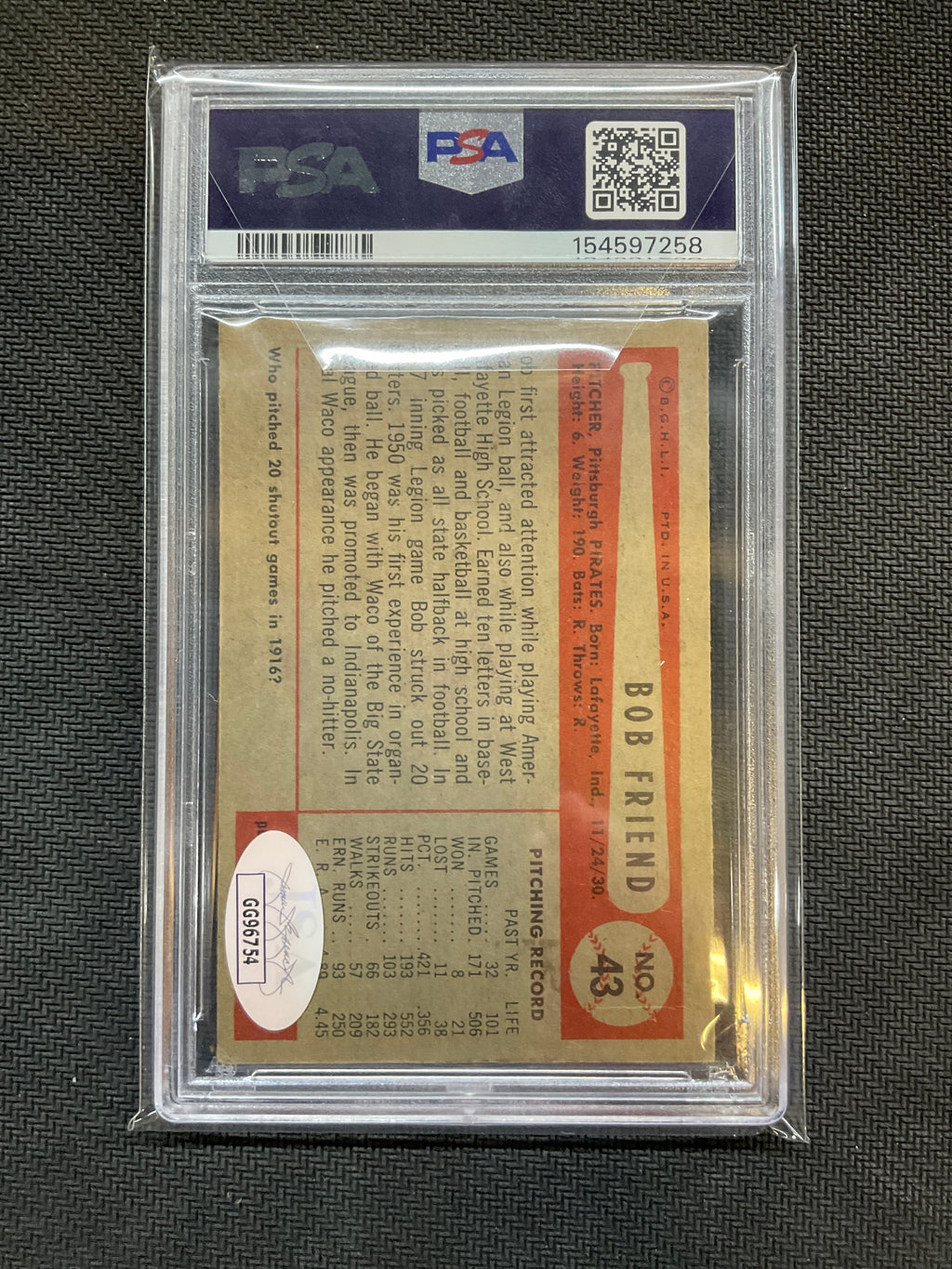 1954 Bowman Bob Friend #43 PSA 2 Auto 9 258