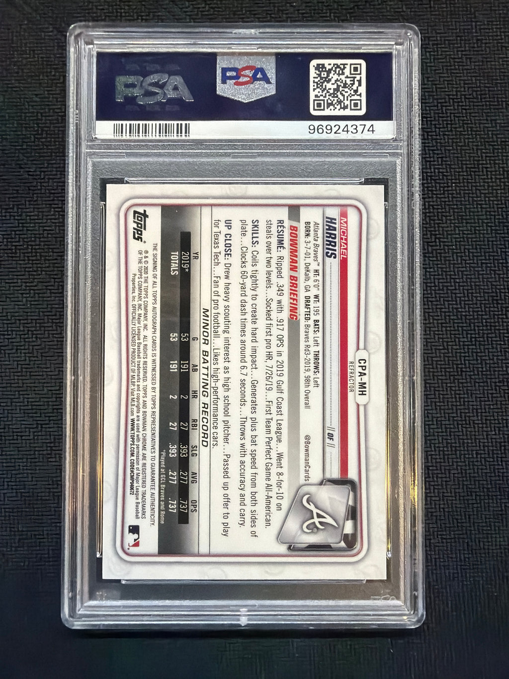 2020 Bowman Chrome Michael Harris Refractor Auto /499 PSA 10 Braves