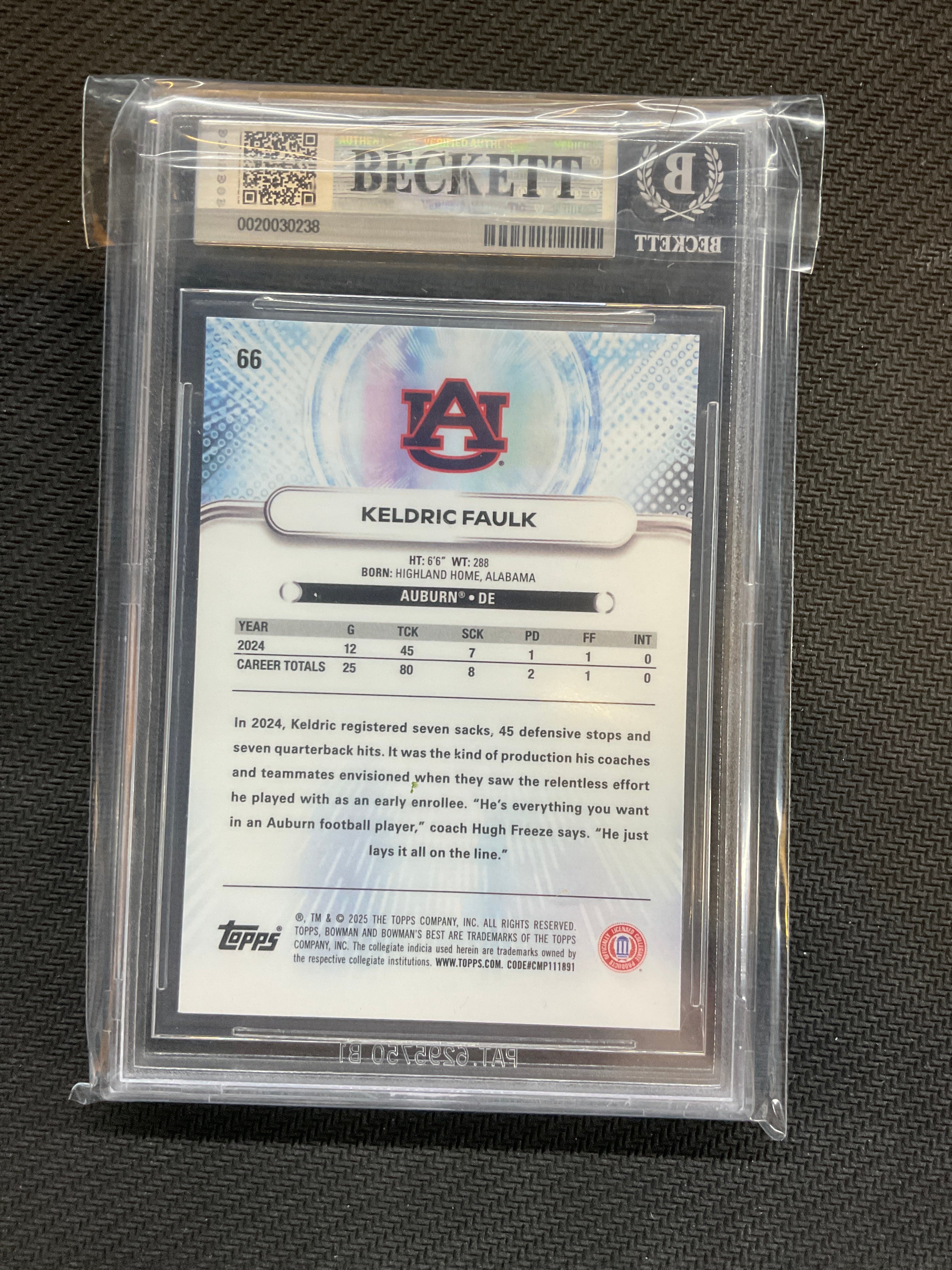 2025 Bowman U Best Keldric Faulk Rookie BGS 9 Auburn