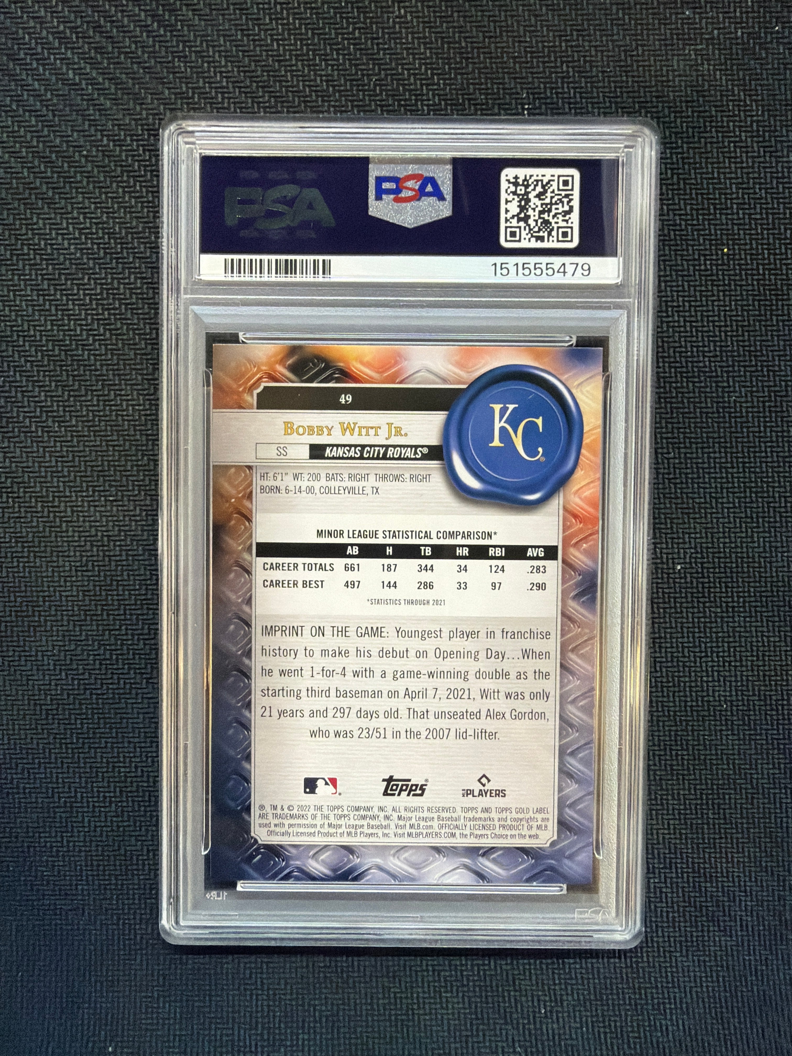2022 Topps Gold Label Bobby Witt Jr. Class 1 Rookie PSA 9 Royals 479