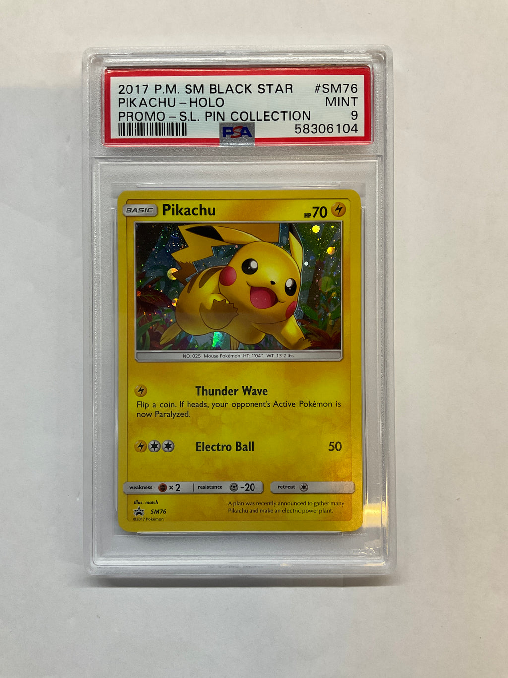 2017 Pkemon Shining Legend Pin Promo Pikachu Holo SM76 PSA 9 - Galaxy & Swirl!