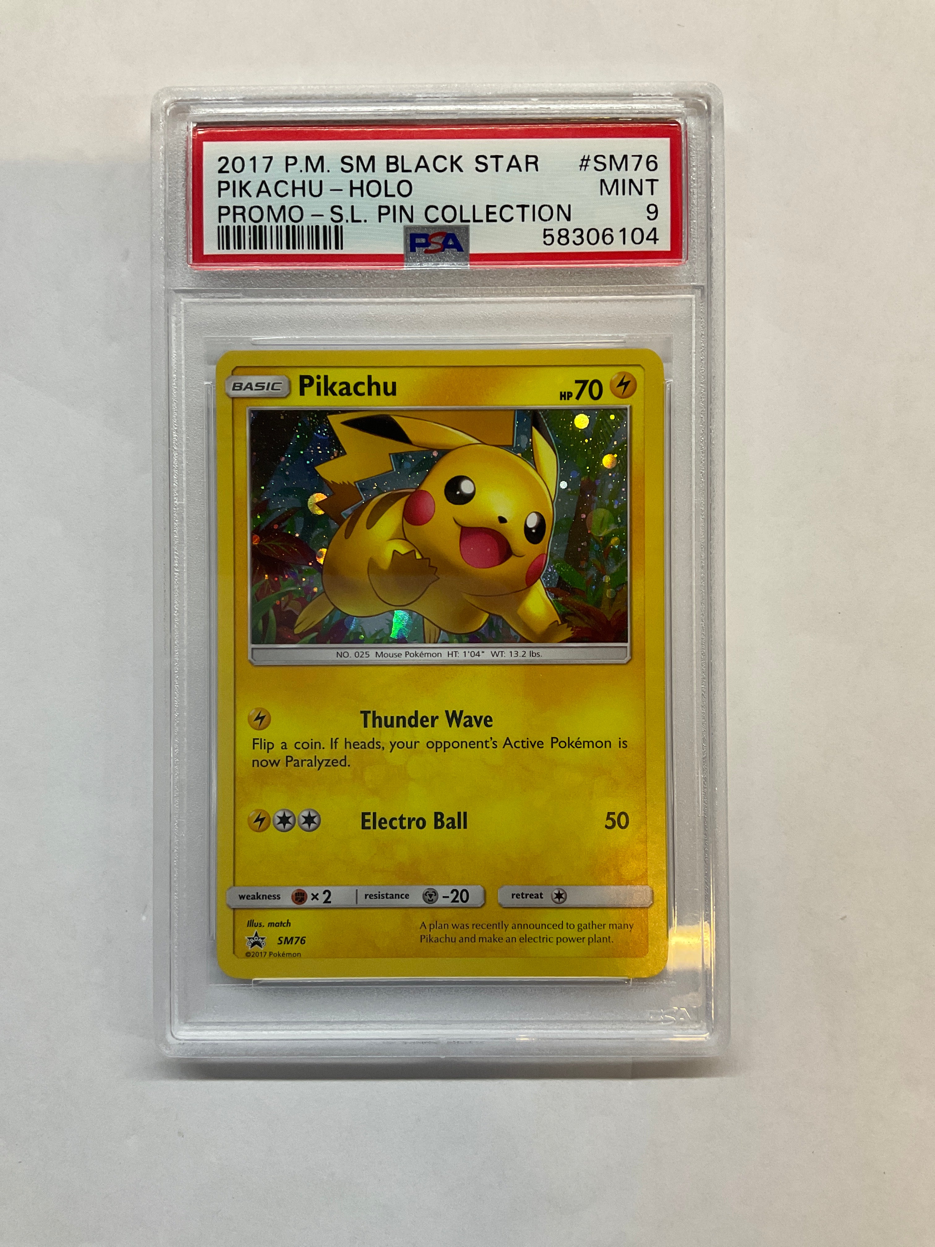 2017 Pkemon Shining Legend Pin Promo Pikachu Holo SM76 PSA 9 - Galaxy & Swirl!