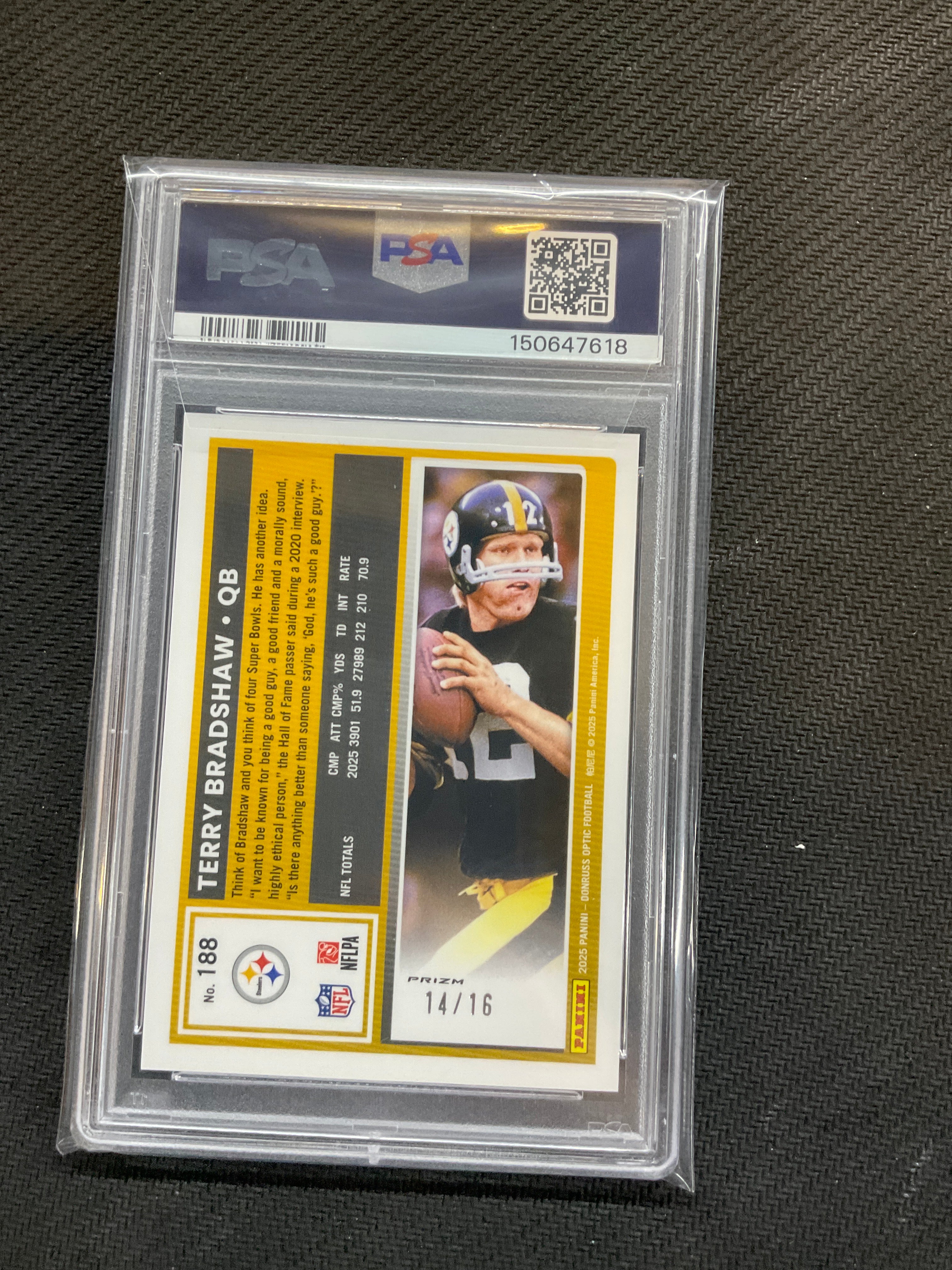 2025 Donruss Optic Terry Bradshaw Footballs /16 PSA 10 Steelers