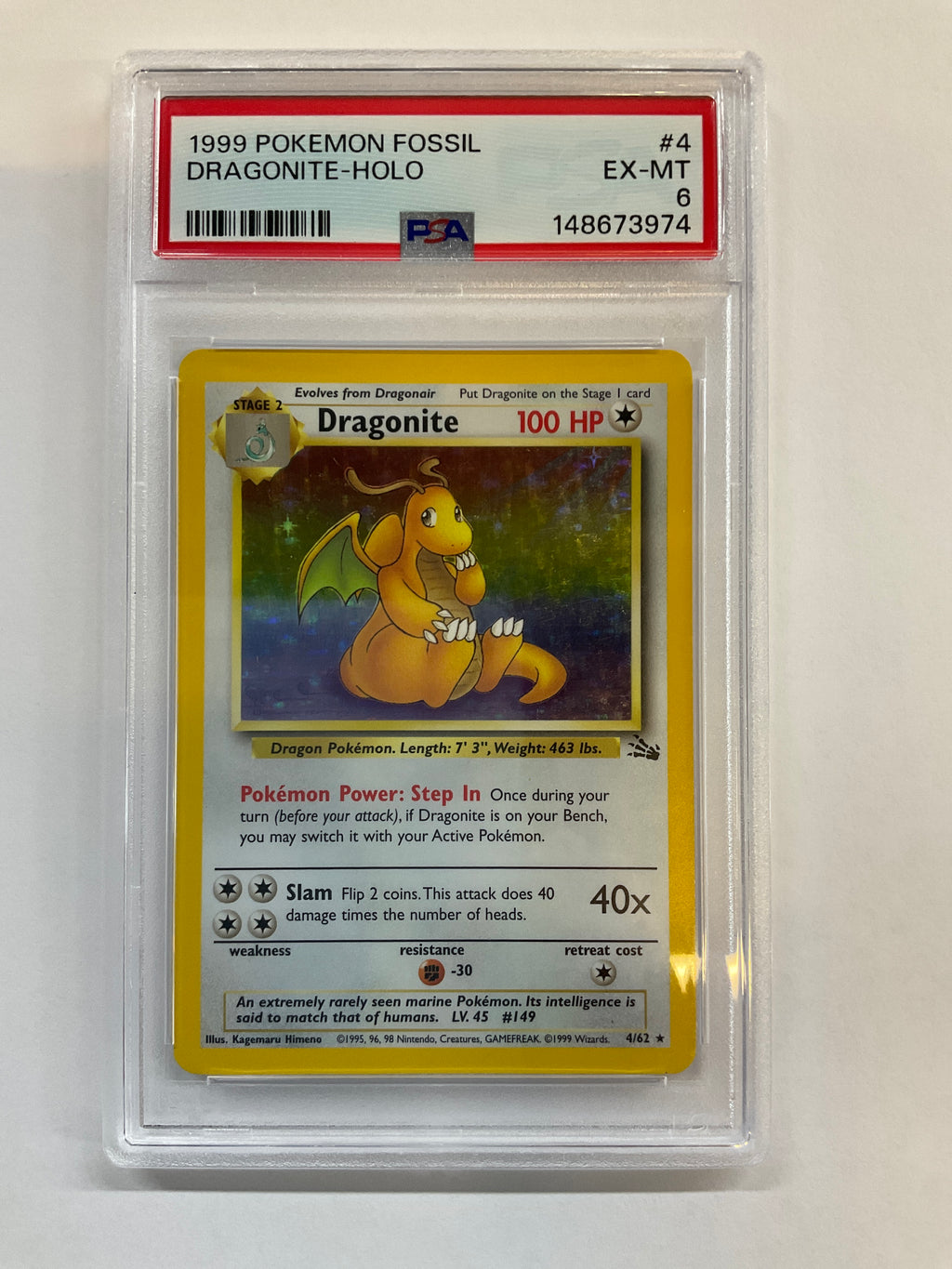 1999 Pokemon Dragonite Holo 4 Fossil PSA 6
