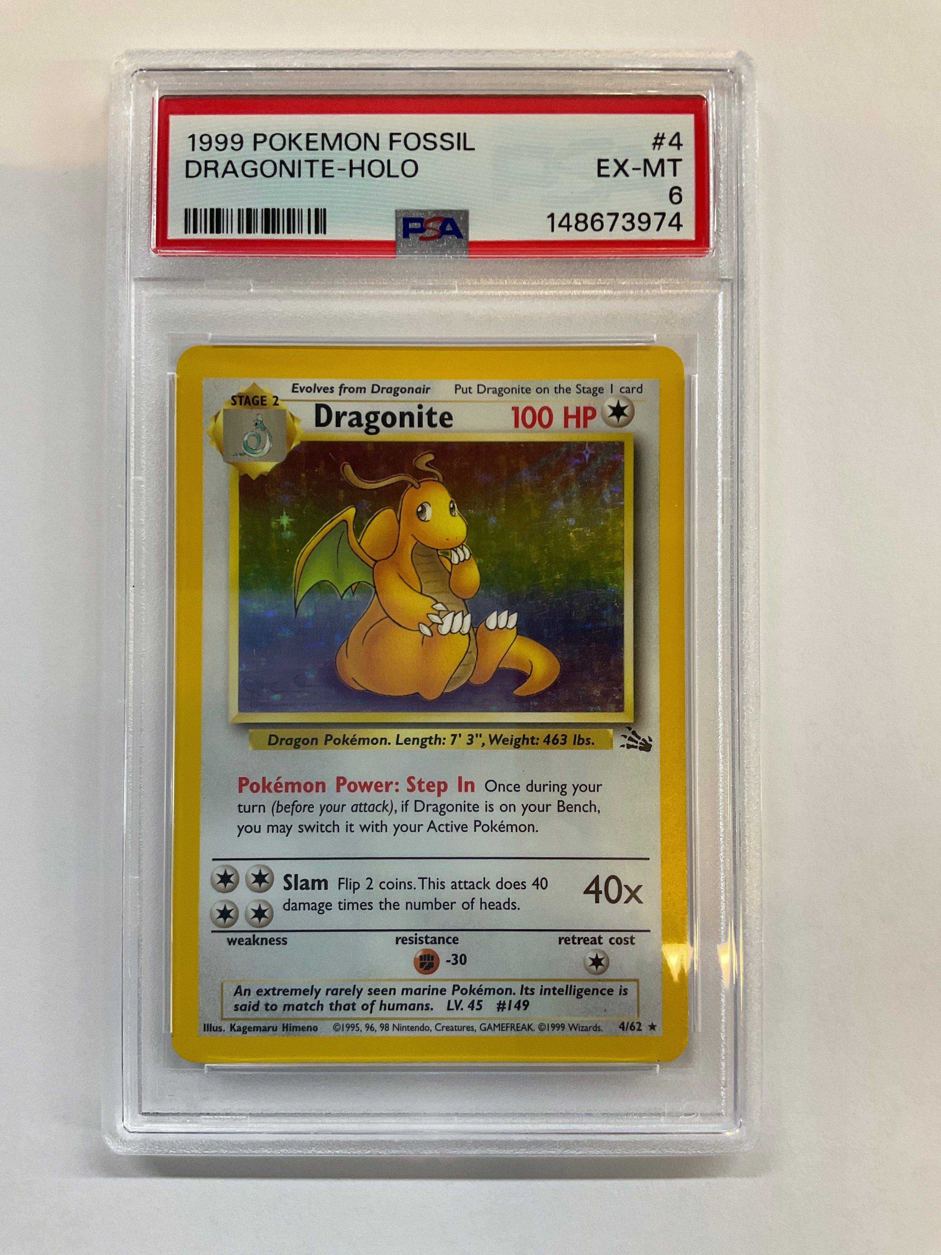 1999 Pokemon Dragonite Holo 4 Fossil PSA 6