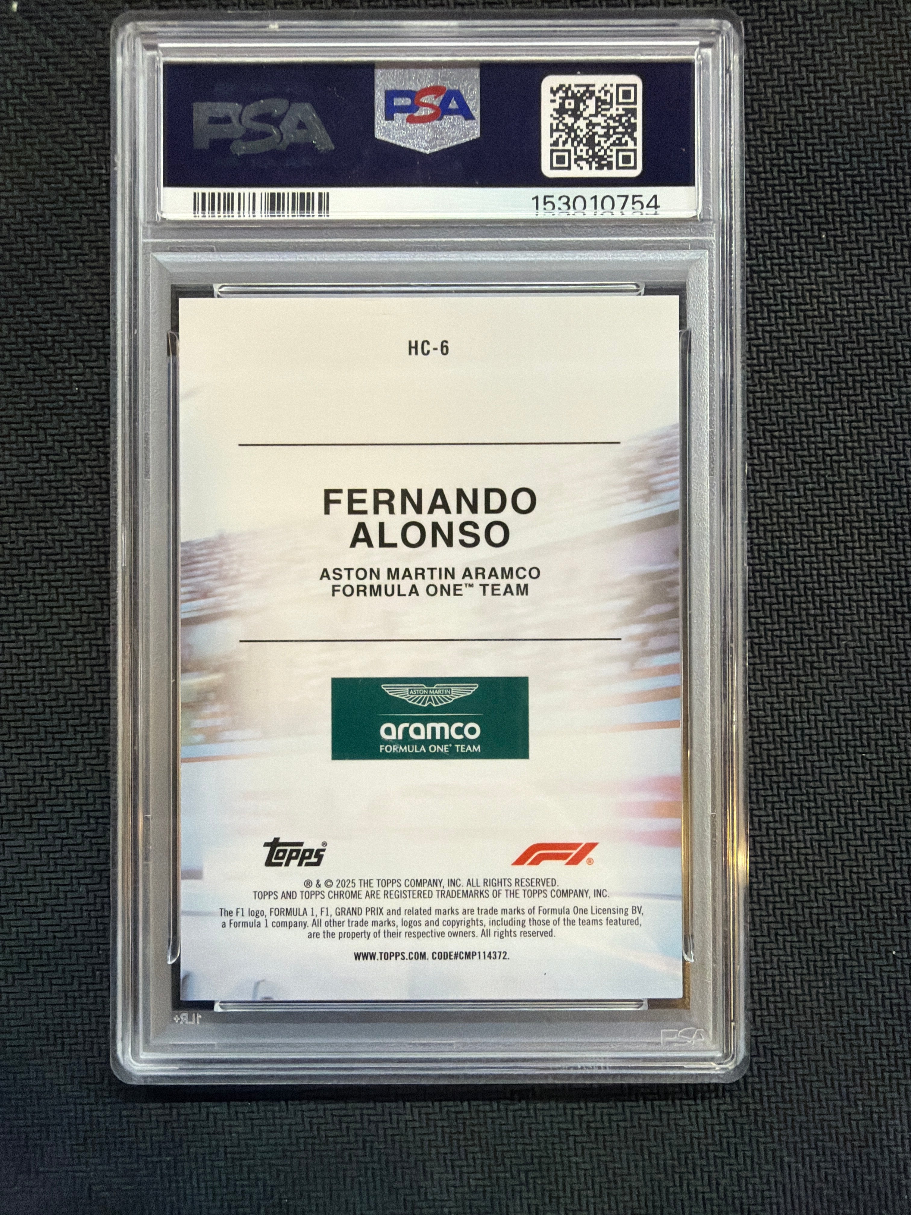 2025 Topps Chrome F1 Sapphire Fernando Alonso Helmet Gold /50 PSA 10 754
