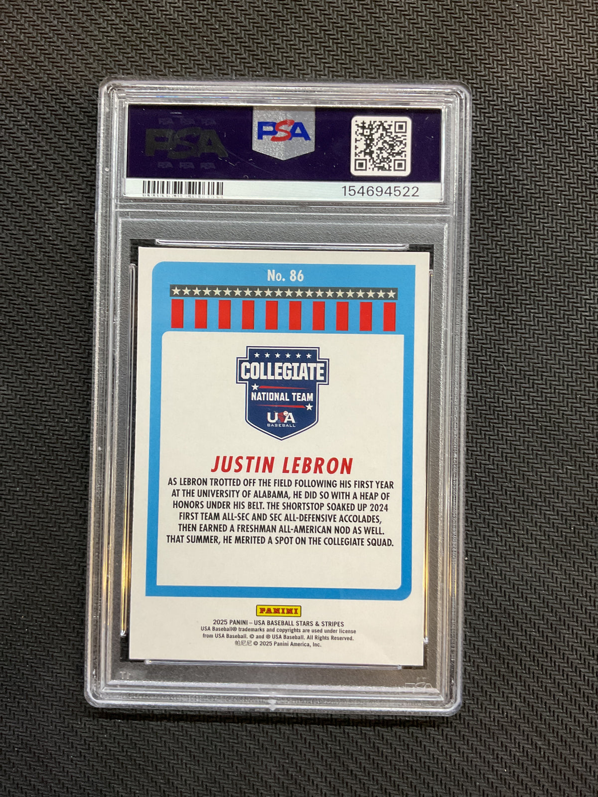 2025 Panini Stars & Stripes Justin LeBron Rookie PSA 8 522