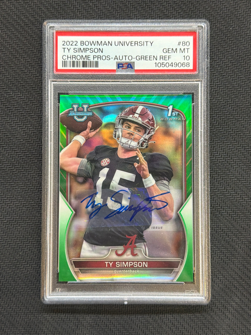 2022 Bowman University Ty Simpson Auto Green /99 #80 PSA 10 Alabama