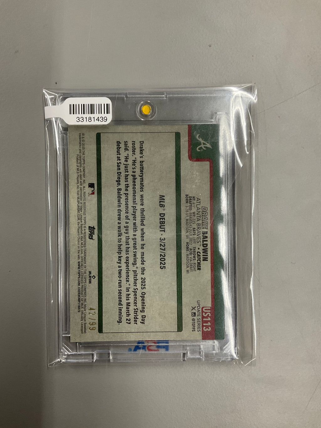 2025 Topps Vintage Stock Drake Baldwin Image Variation Rookie /99 Braves