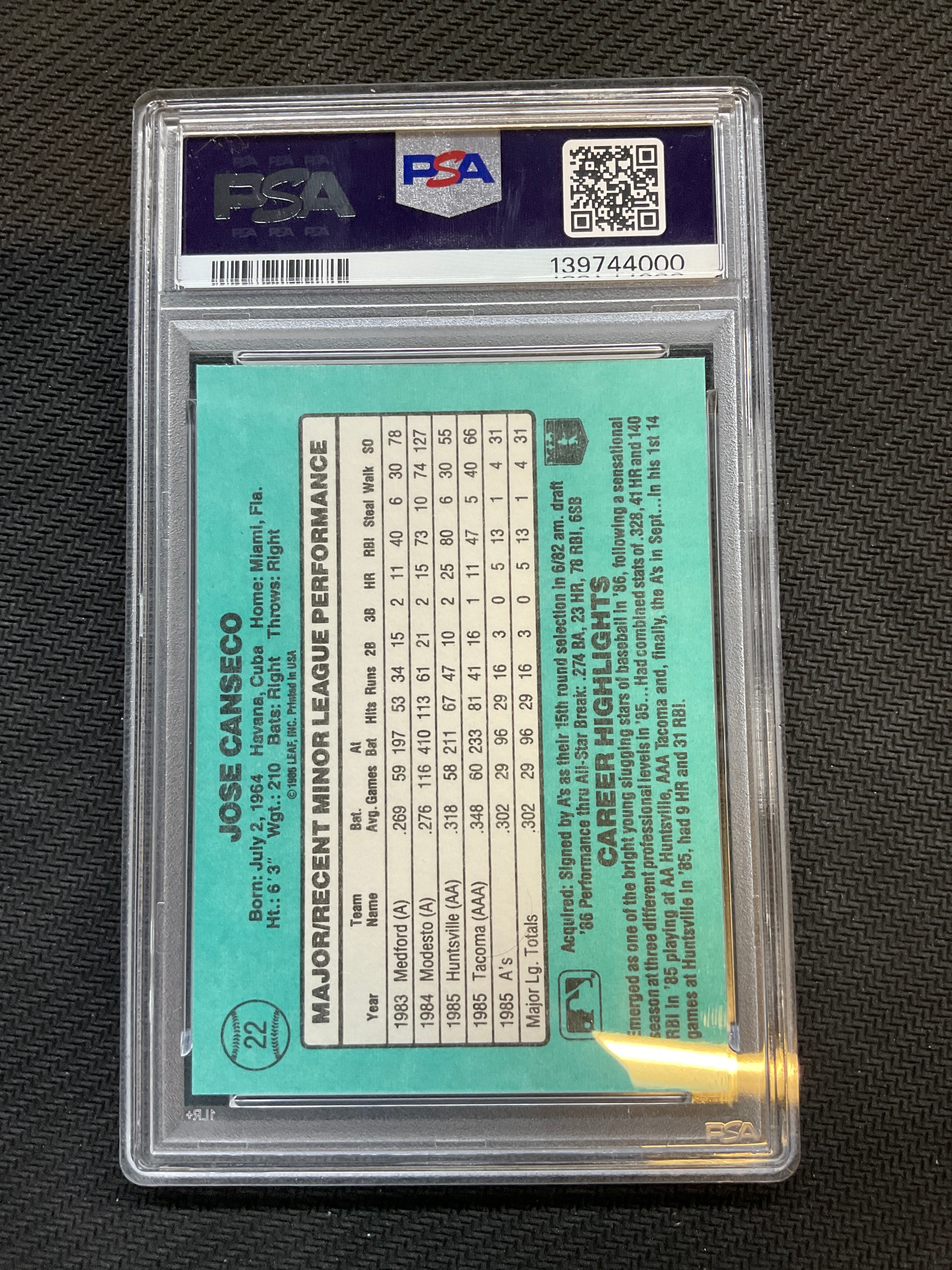 1986 Donruss Jose Canseco Rookie PSA 9