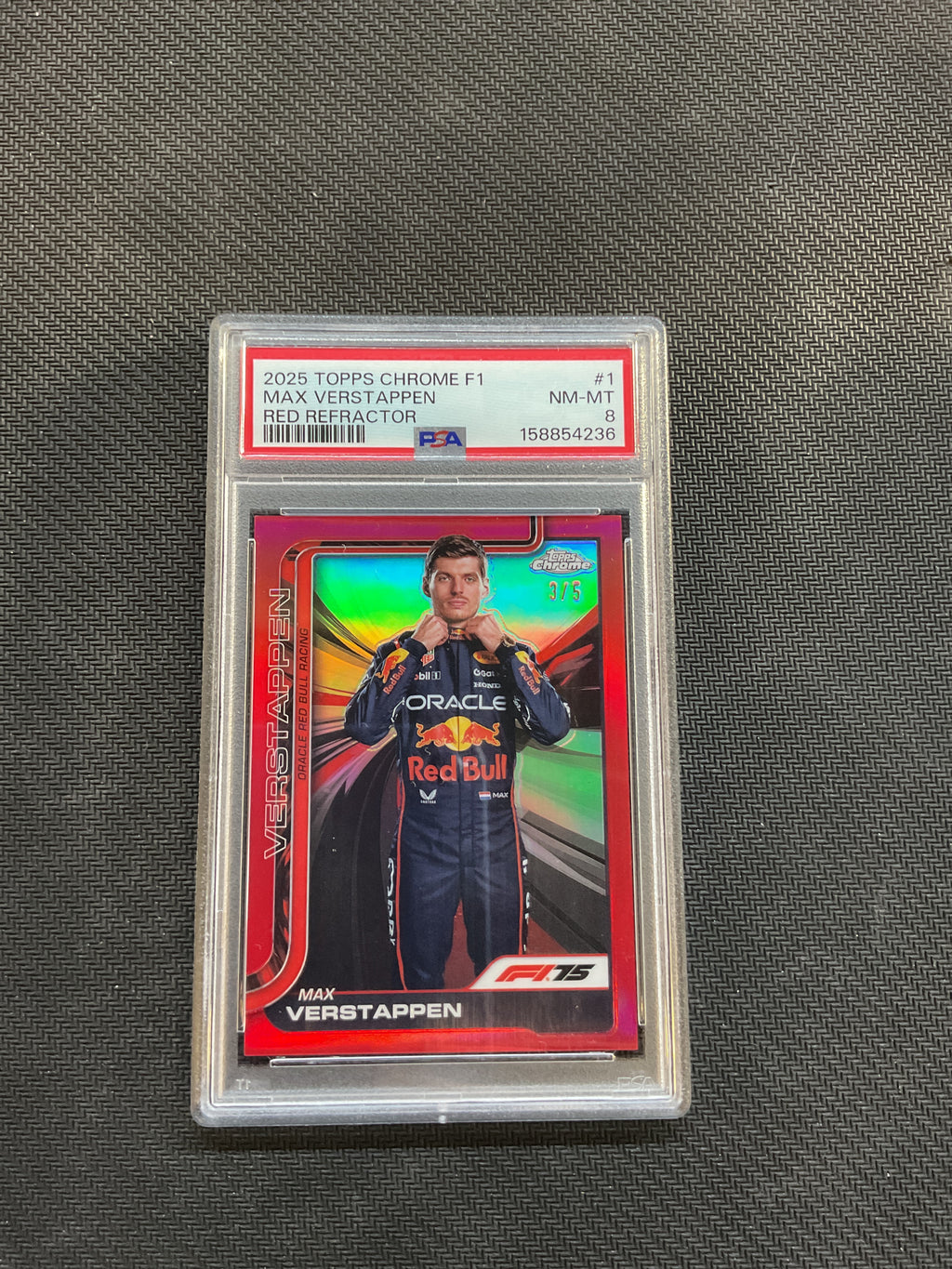 2025 Topps Chrome F1 Max Verstappen True Red Refractor /5 PSA 8