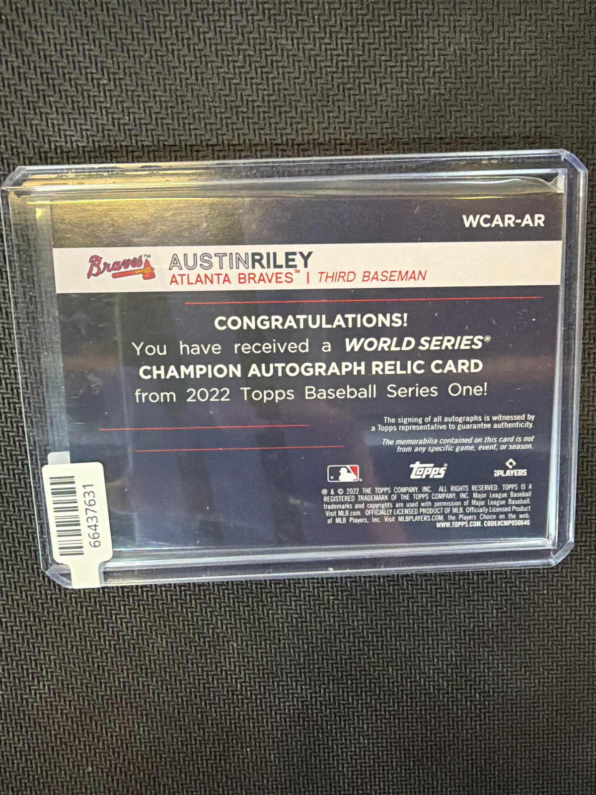 2022 Topps Austin Riley 2021 World Series Patch Auto /25 Braves