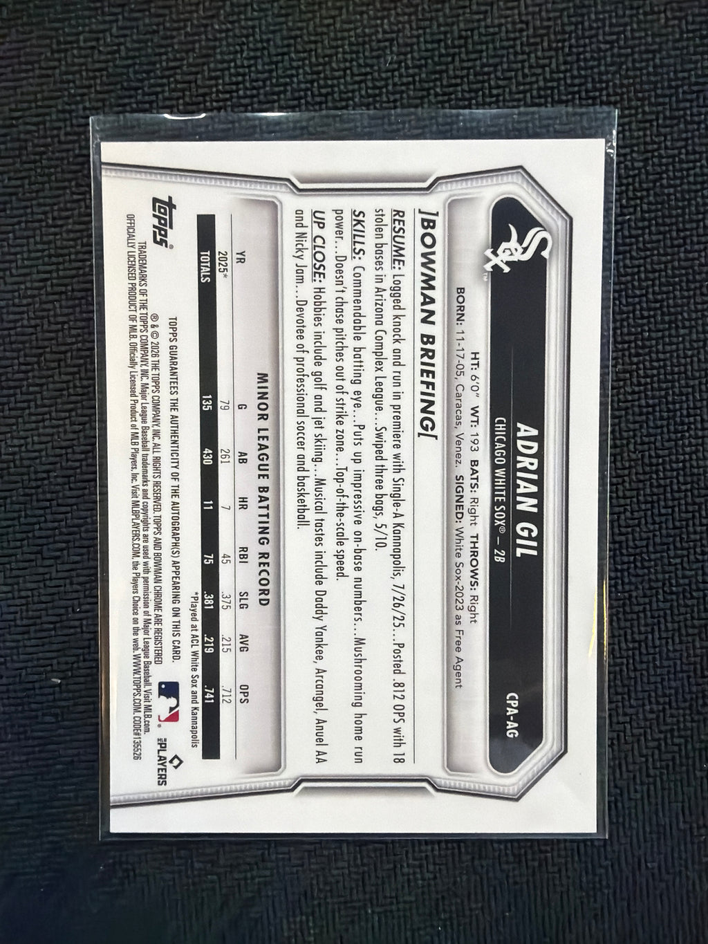 2026 Bowman Chrome Adrian Gil 1st Auto True Black /10