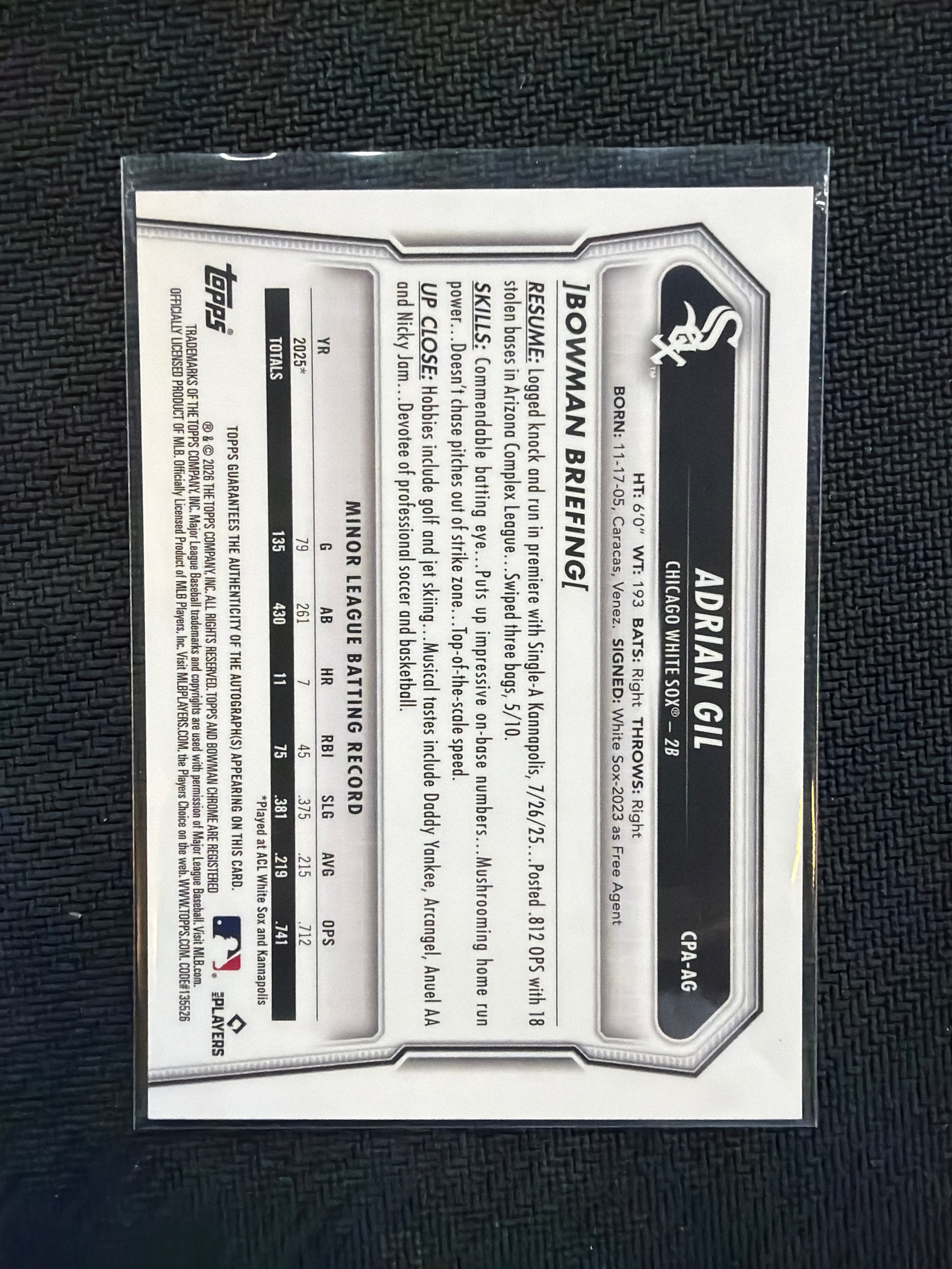 2026 Bowman Chrome Adrian Gil 1st Auto True Black /10