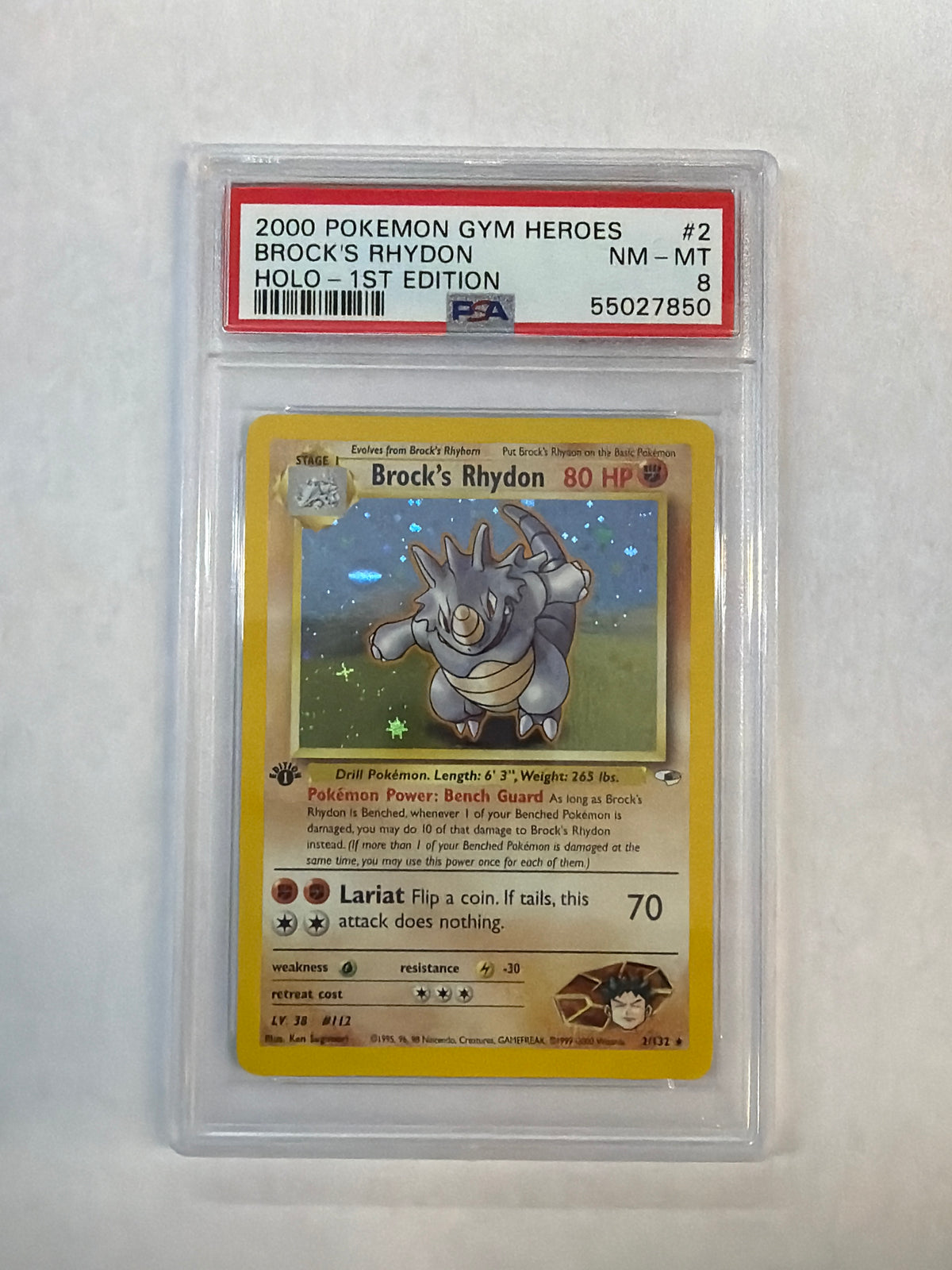 2000 Pokemon Gym Heroes Brock's Rhydon Holo 2 1st Edition PSA 8 - SWIRL!
