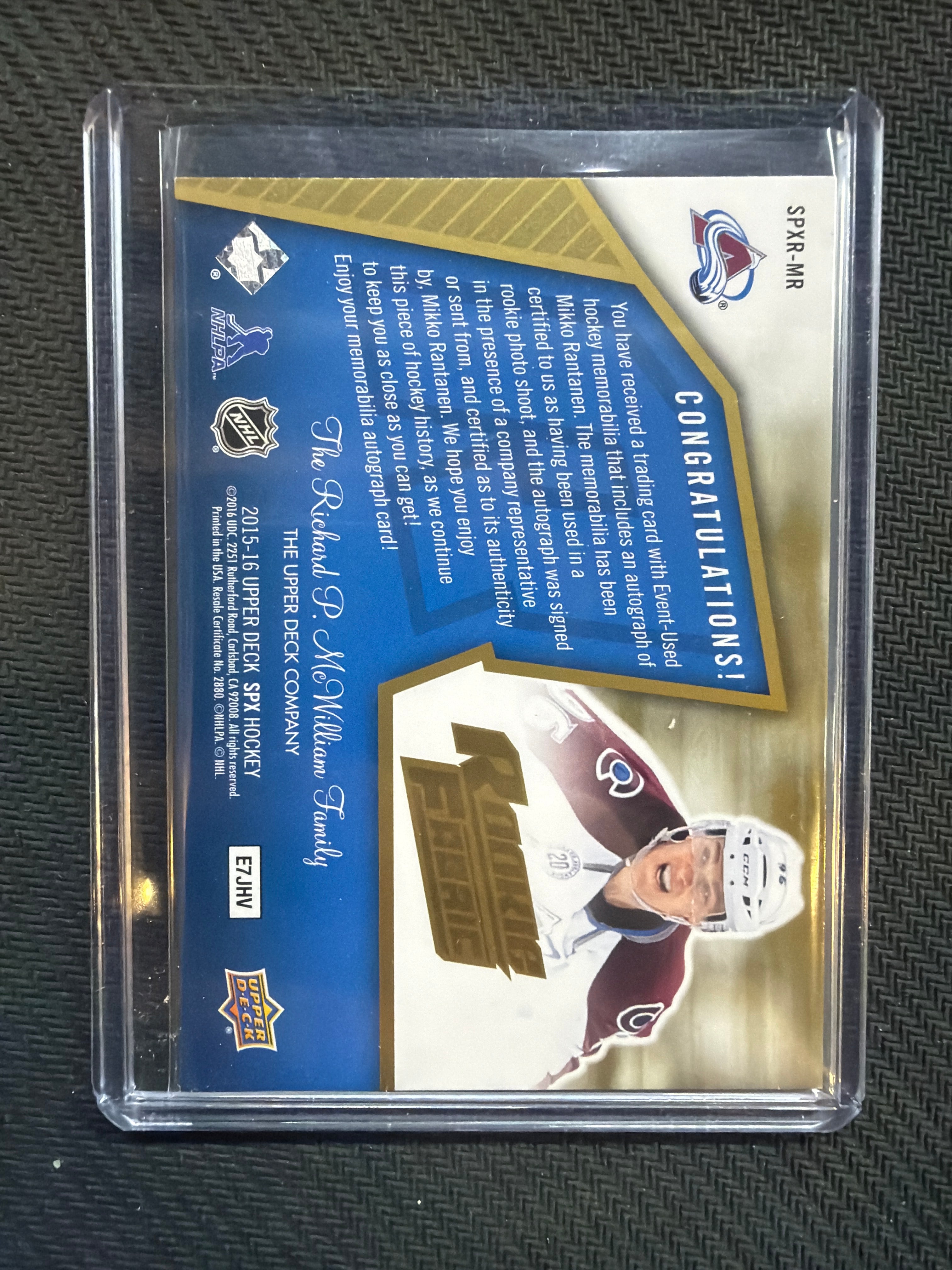 2015-16 Upper Deck SPx Hockey Mikko Rantanen Rookie Fabric Patch Auto /399 Avalanche