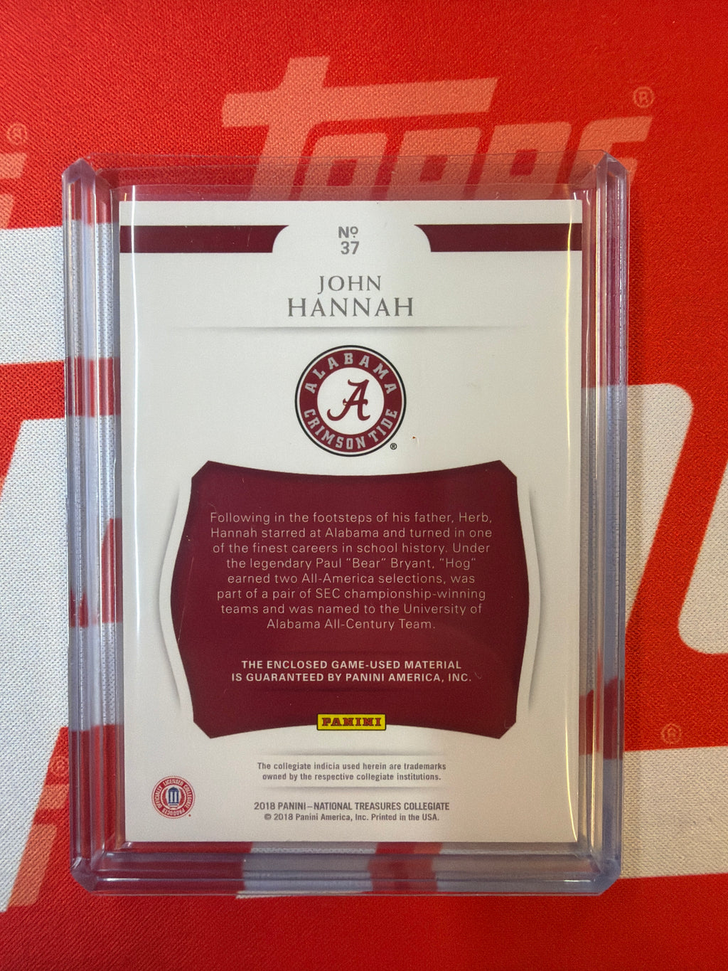2018 Panini National Treasures Collegiate John Hannah Patch /99 Alabama