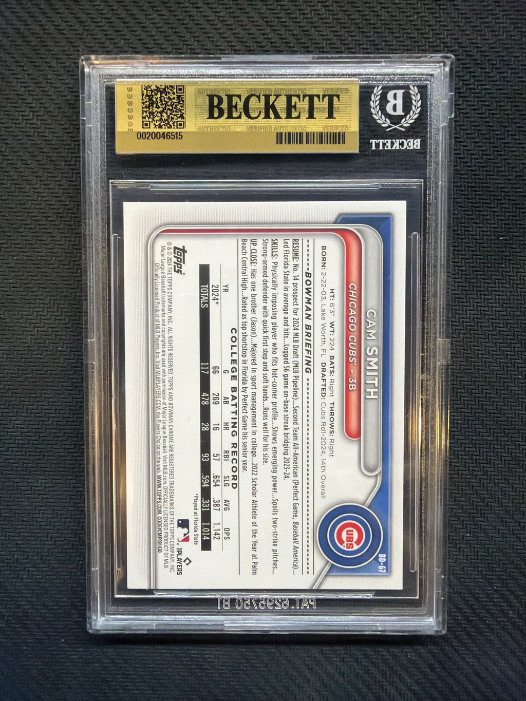 2024 Bowman Draft Cam Smith 1st Bowman BGS 9.5 Cubs 515