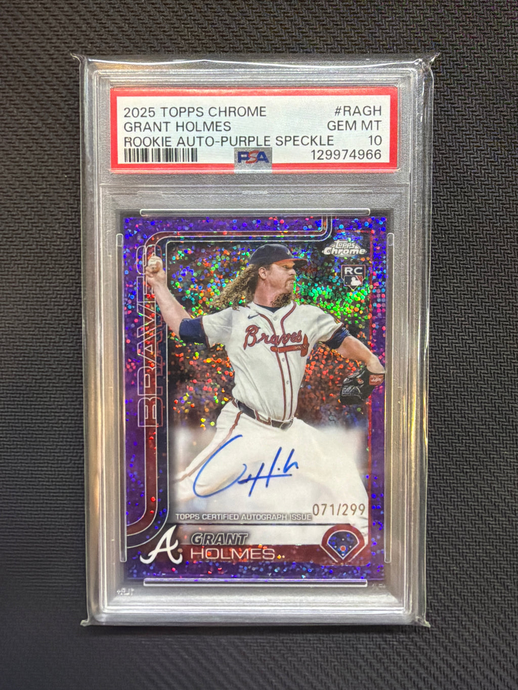 2025 Topps Chrome Grant Holmes Rookie Auto Purple Speckle /299 PSA 10 Braves