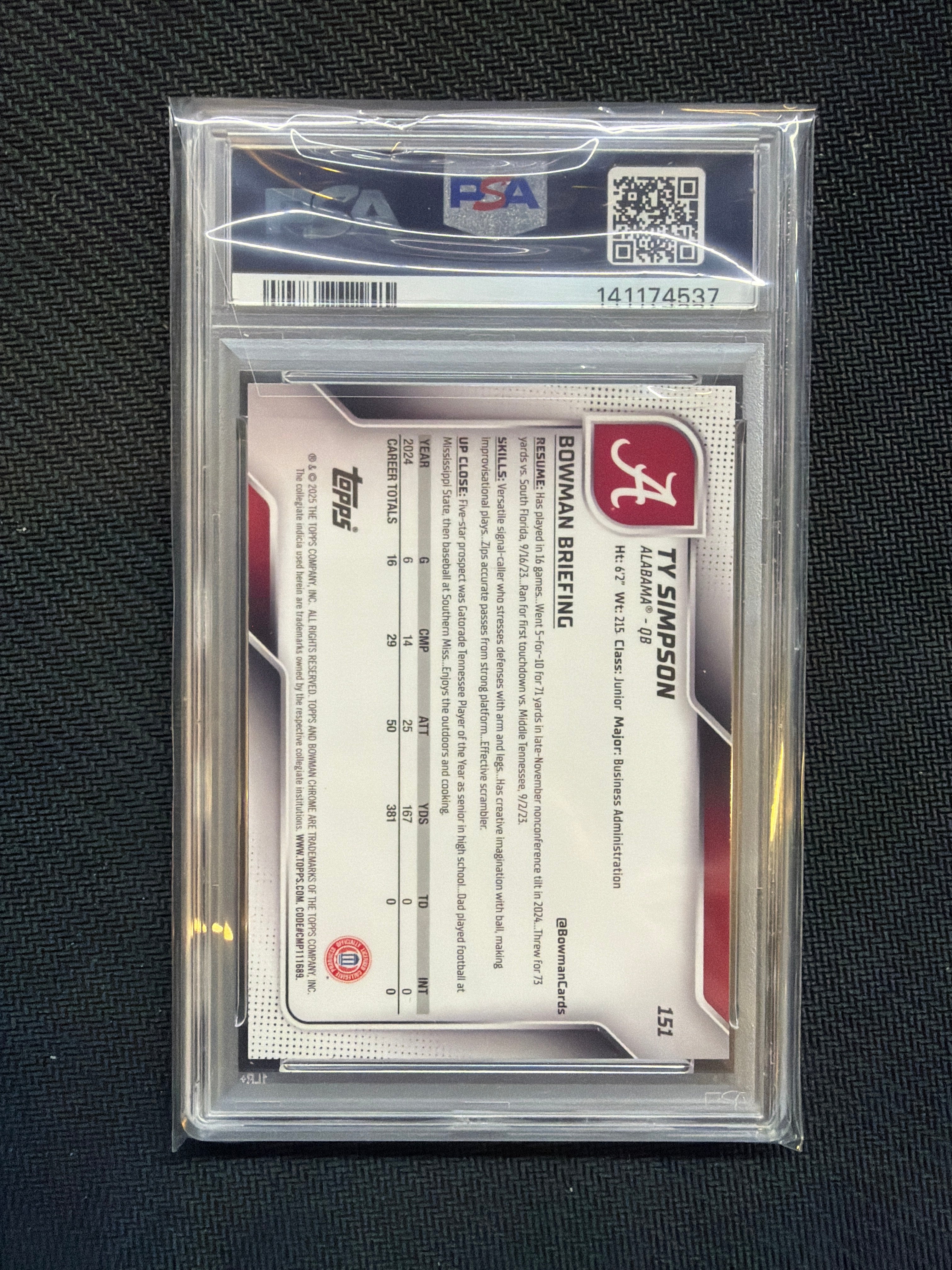 2025 Bowman U Chrome Ty Simpson Fuchsia Diamond /225 PSA 10 Alabama