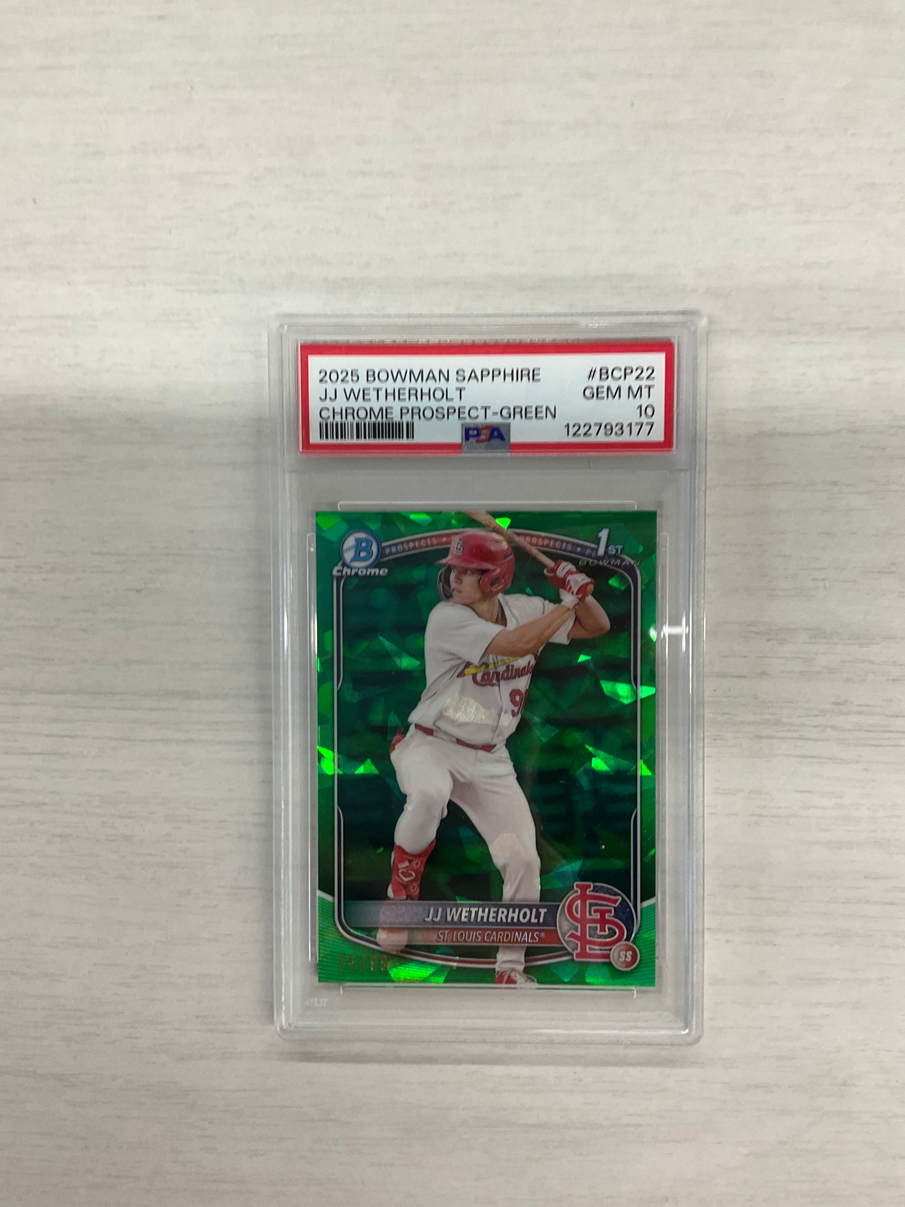 2025 Bowman Sapphire J.J. Wetherholt Green /99 PSA 10