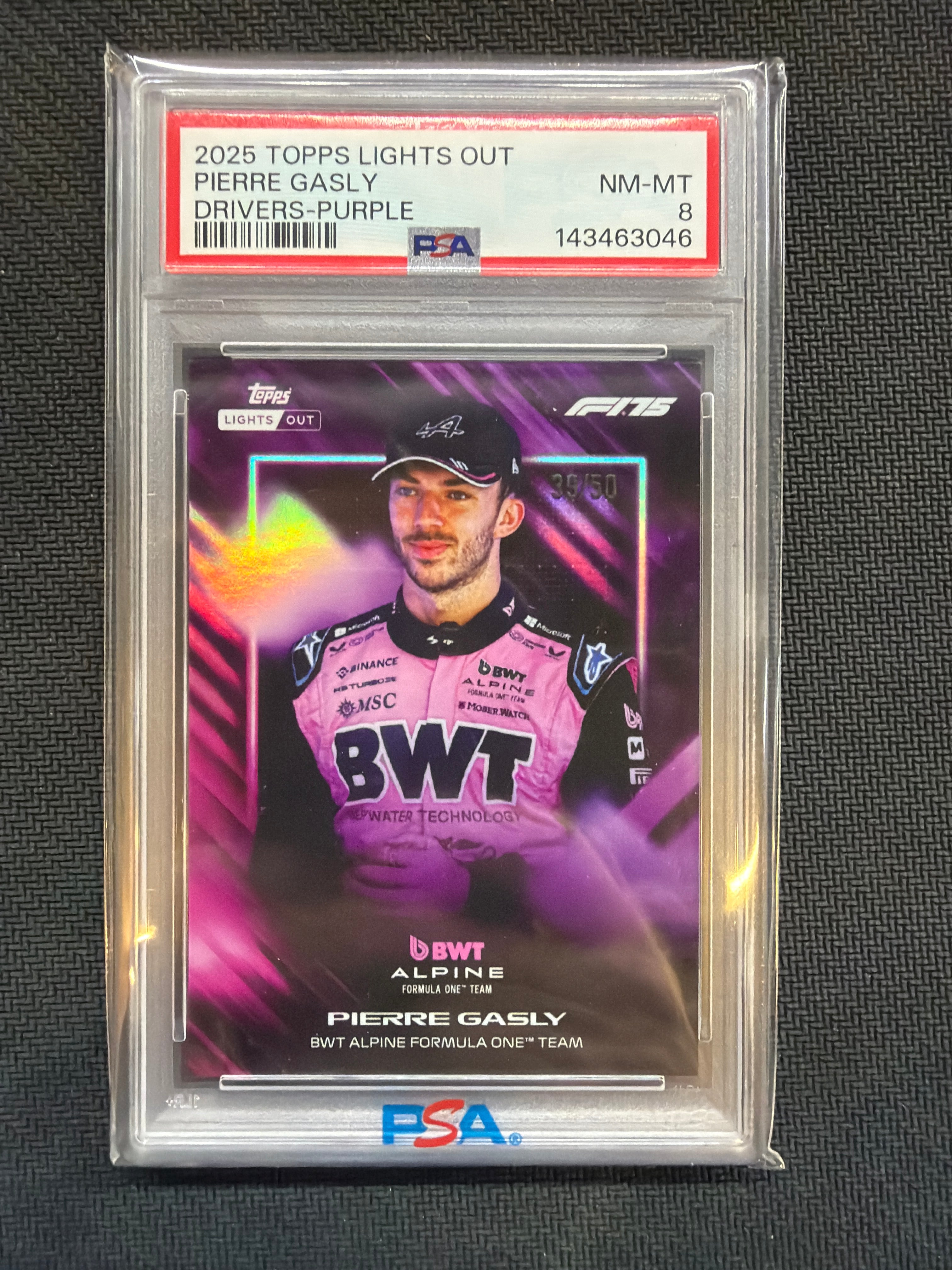 2025 Topps Lights Out Pierre Gasly Drivers Purple /50 PSA 8