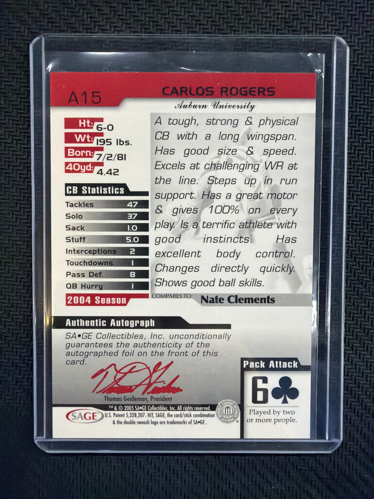 2005 Sage Carlos Rogers Rookie Auto Auburn
