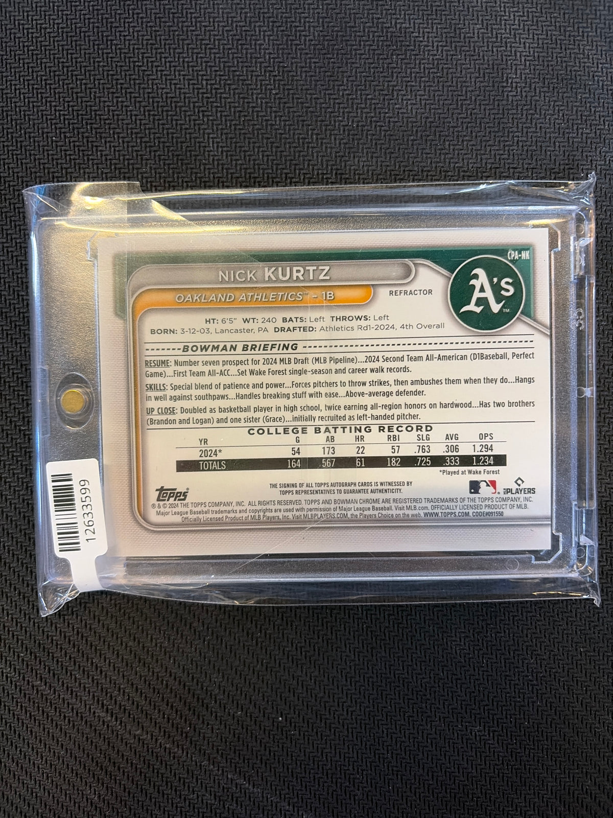 2024 Bowman Chrome Draft Nick Kurtz 1st Bowman Refrator Auto /499 Athletics