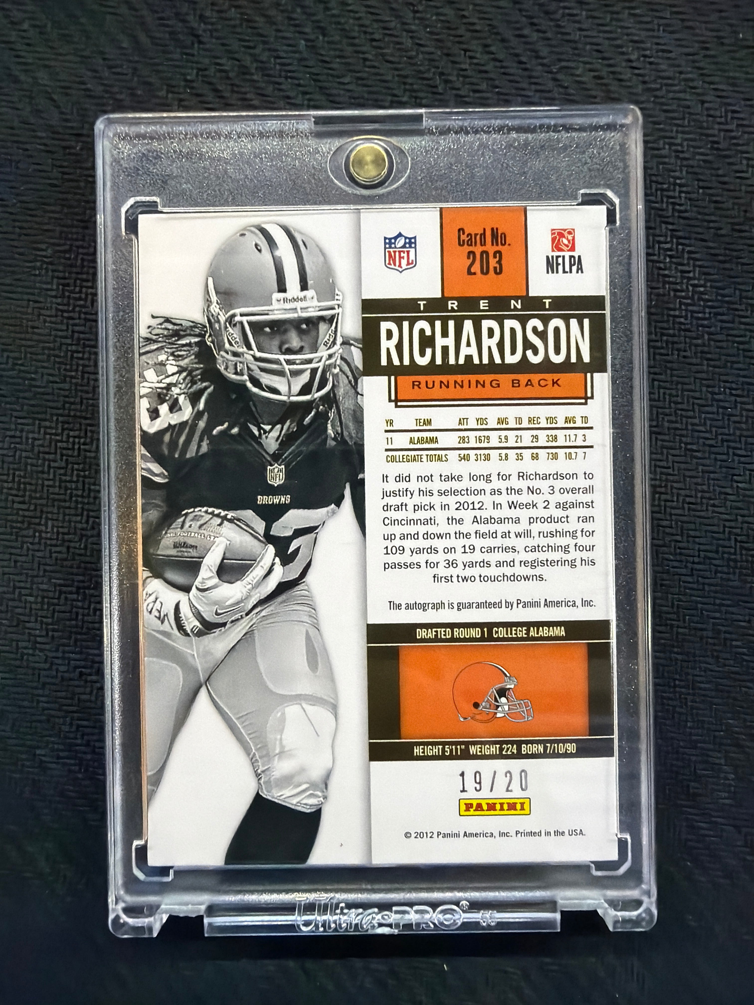 2012 Panini Contenders Trent Richardson Cracked Ice Rookie Auto /20 Browns