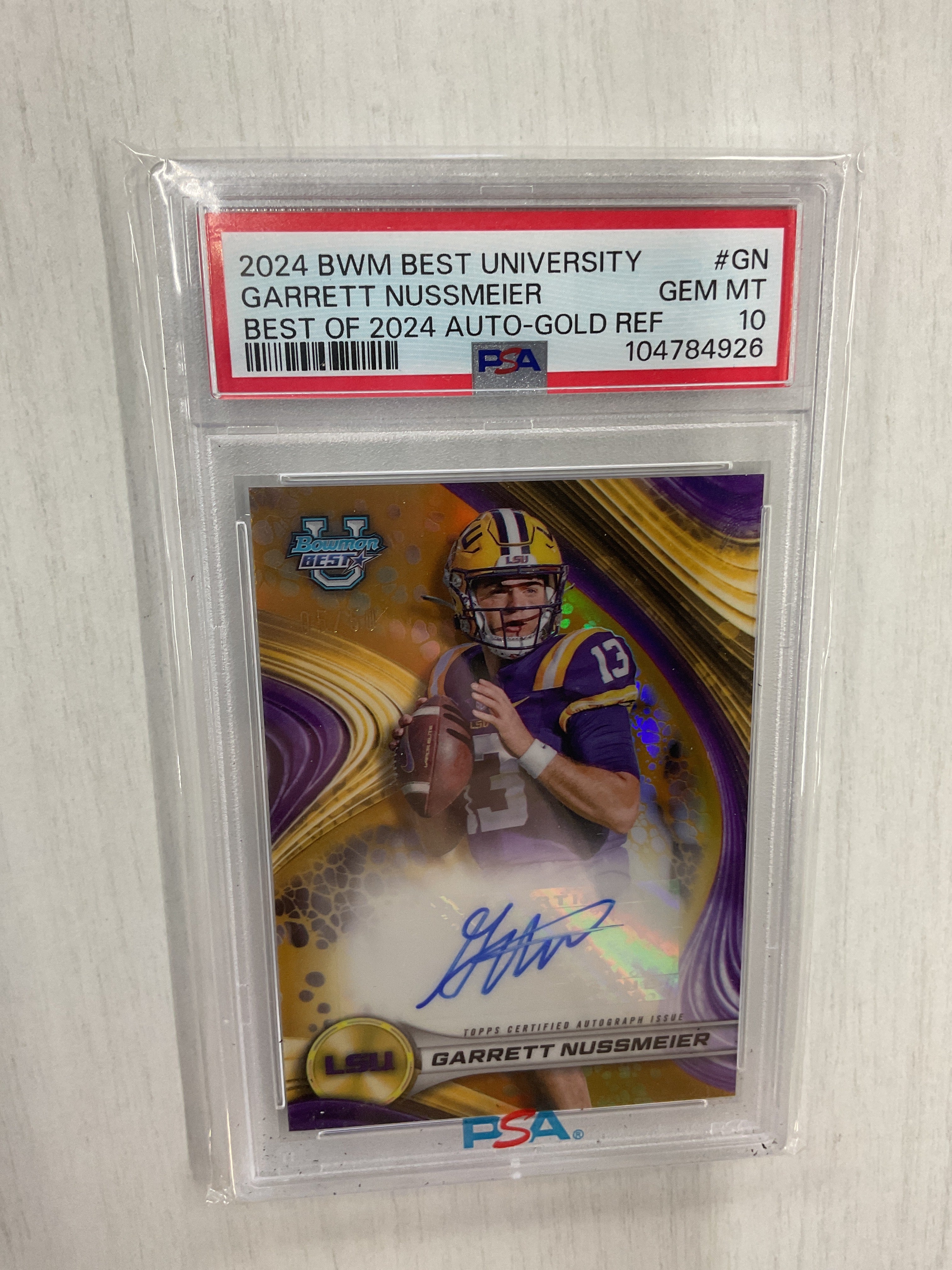 2024 Bowman Best Garrett Nussmeier Gold Auto /50 PSA 10
