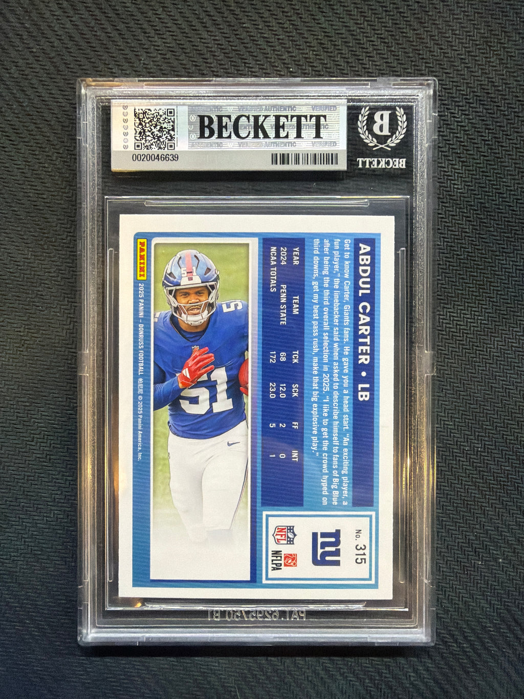 2025 Donruss Abdul Carter Rated Rookie BGS 9 Giants