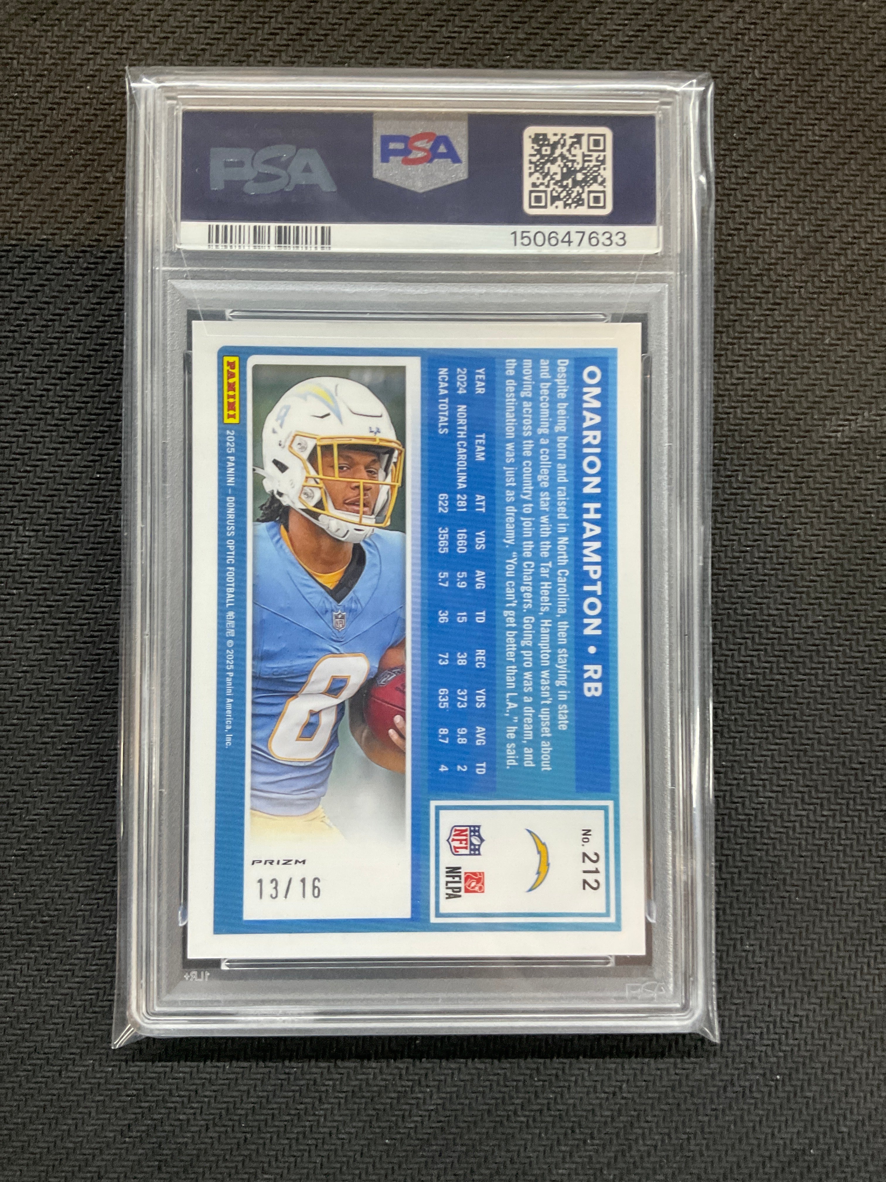 2025 Donruss Optic Omarion Hampton Footballs /16 PSA 10 Chargers
