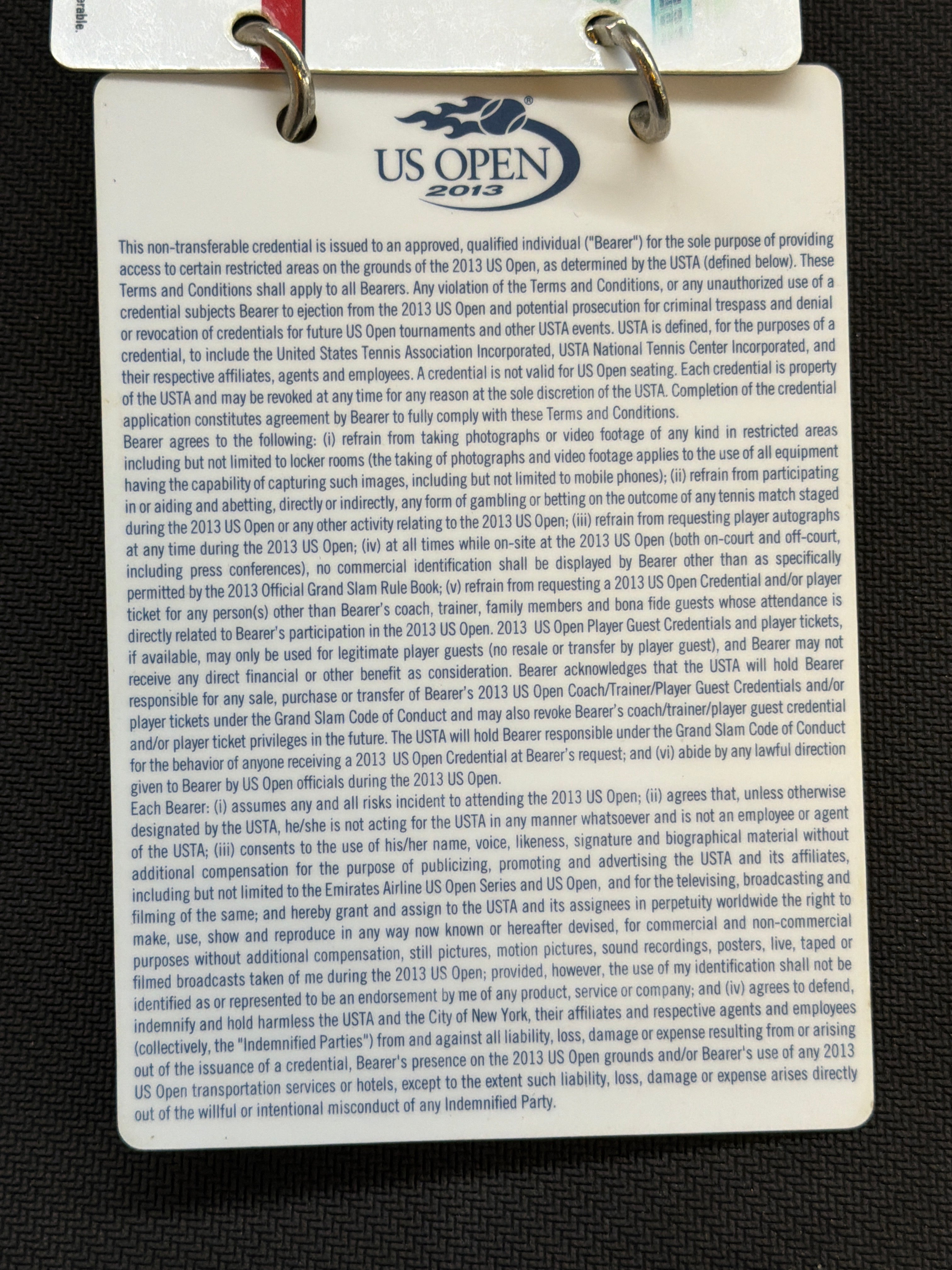 2013 US Open Novak Djokovic Player Credential Signed