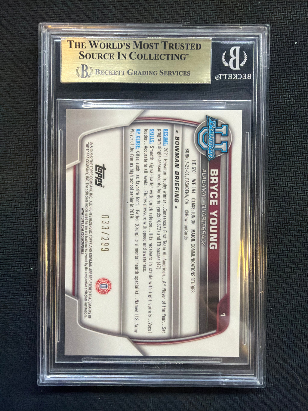 2022 Bowman U Chrome Bryce Young Aqua Wave /299 BGS 9.5 Alabama