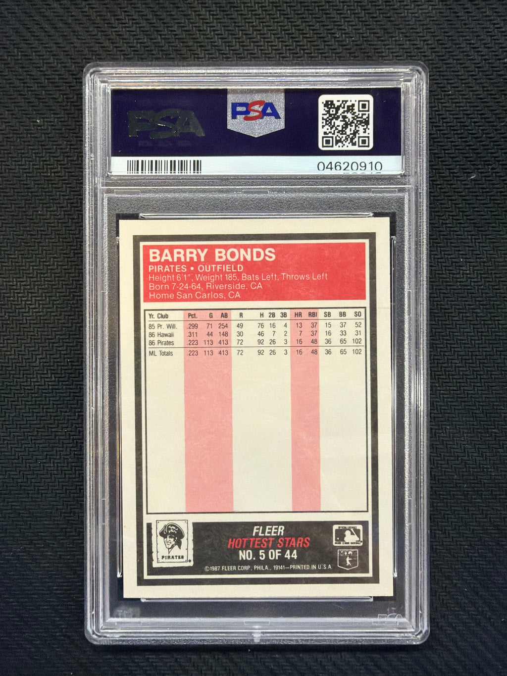 1987 Fleer Barry Bonds Hottest Stars #5 PSA 10 Pirates 910